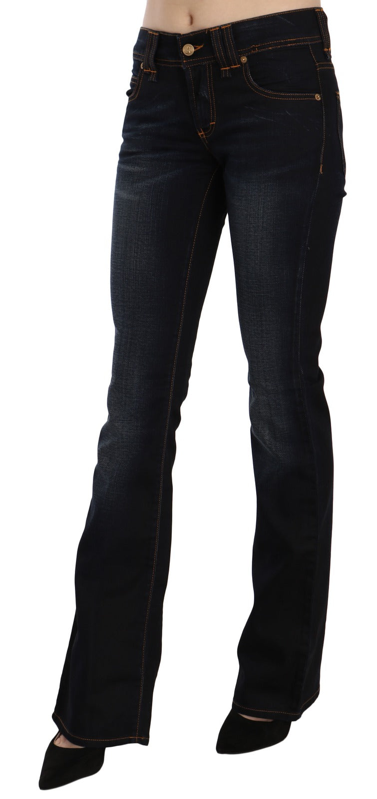 Blue Washed Mid Waist Regular Leg Boot Cut Denim Jeans - ventzia