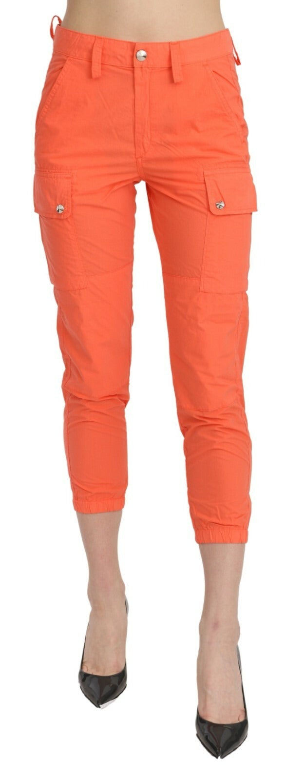 Cotton Orange High Waist Skinny Cropped Trouser Pants - ventzia