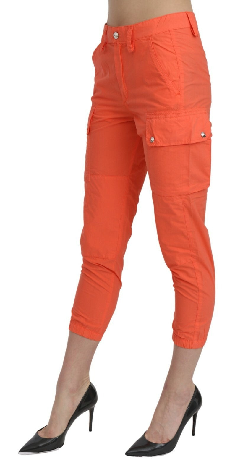 Cotton Orange High Waist Skinny Cropped Trouser Pants - ventzia