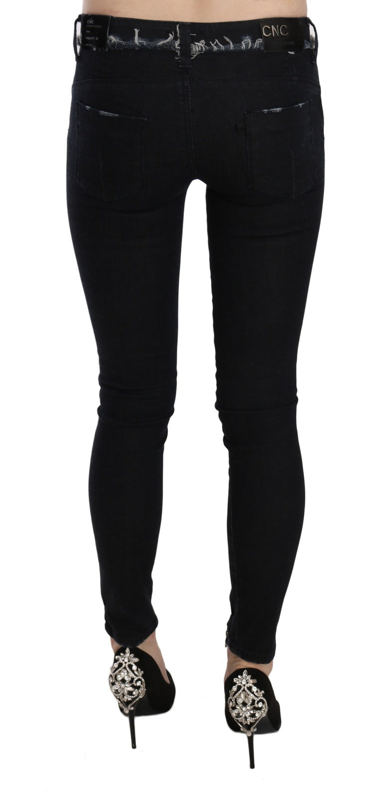 Black Low Waist Zipper Leg Skinny Denim Jeans - ventzia