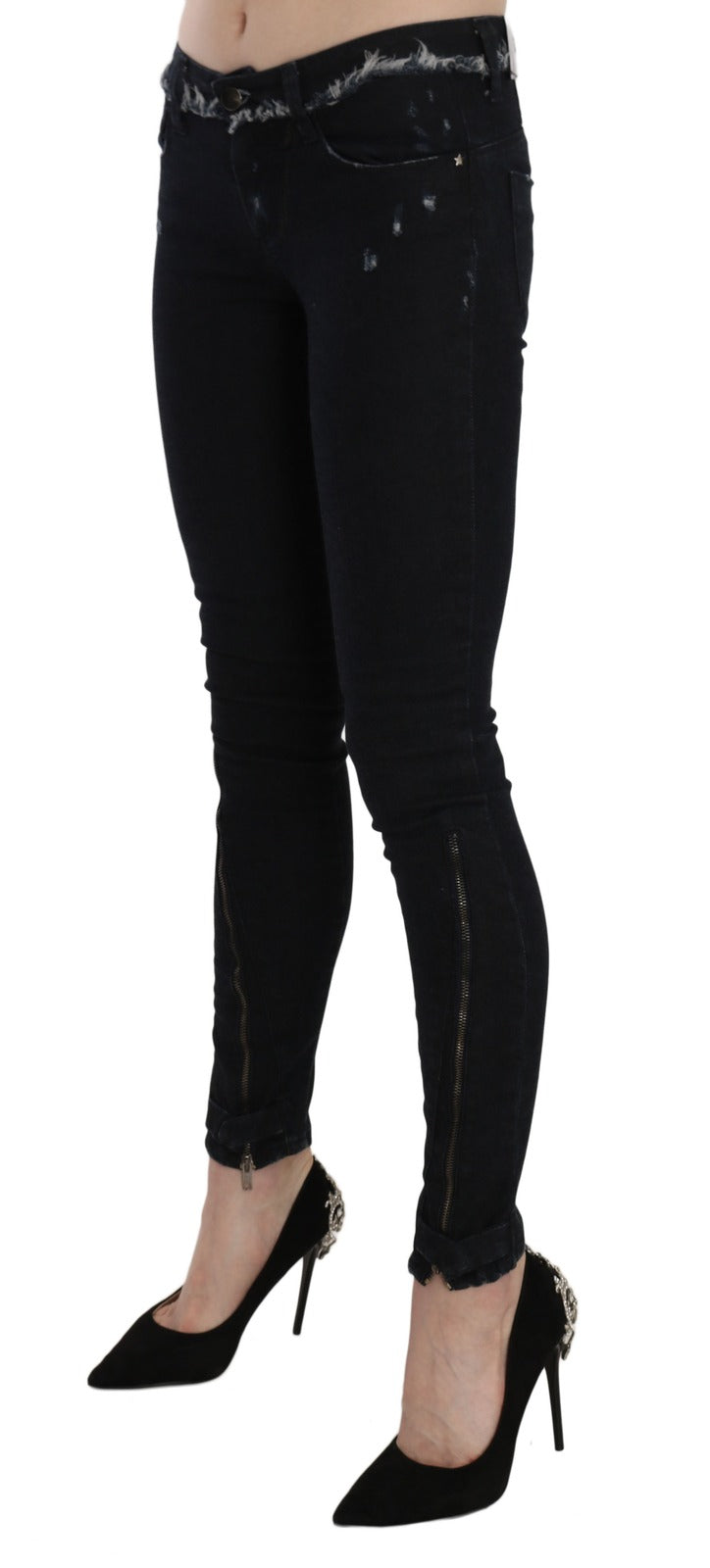 Black Low Waist Zipper Leg Skinny Denim Jeans - ventzia
