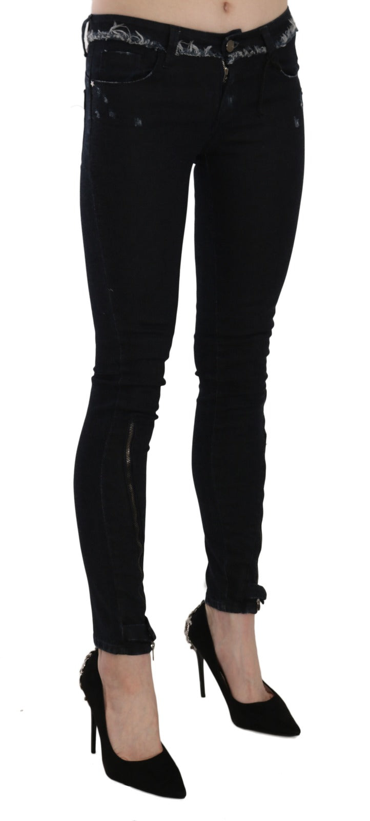 Black Low Waist Zipper Leg Skinny Denim Jeans - ventzia