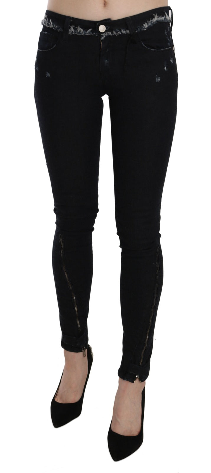 Black Low Waist Zipper Leg Skinny Denim Jeans - ventzia