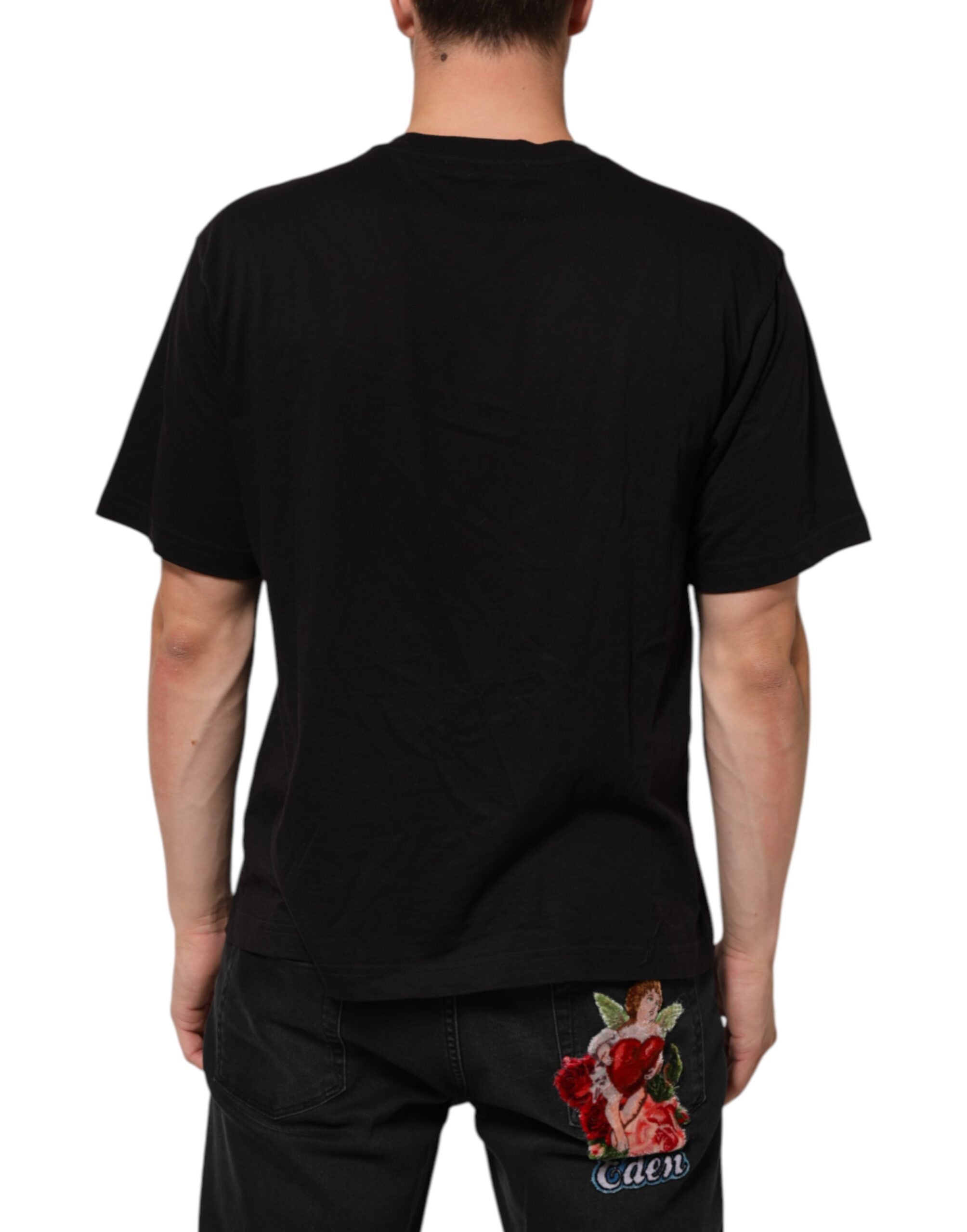 Black Logo Print Cotton Crew Neck T-shirt - ventzia
