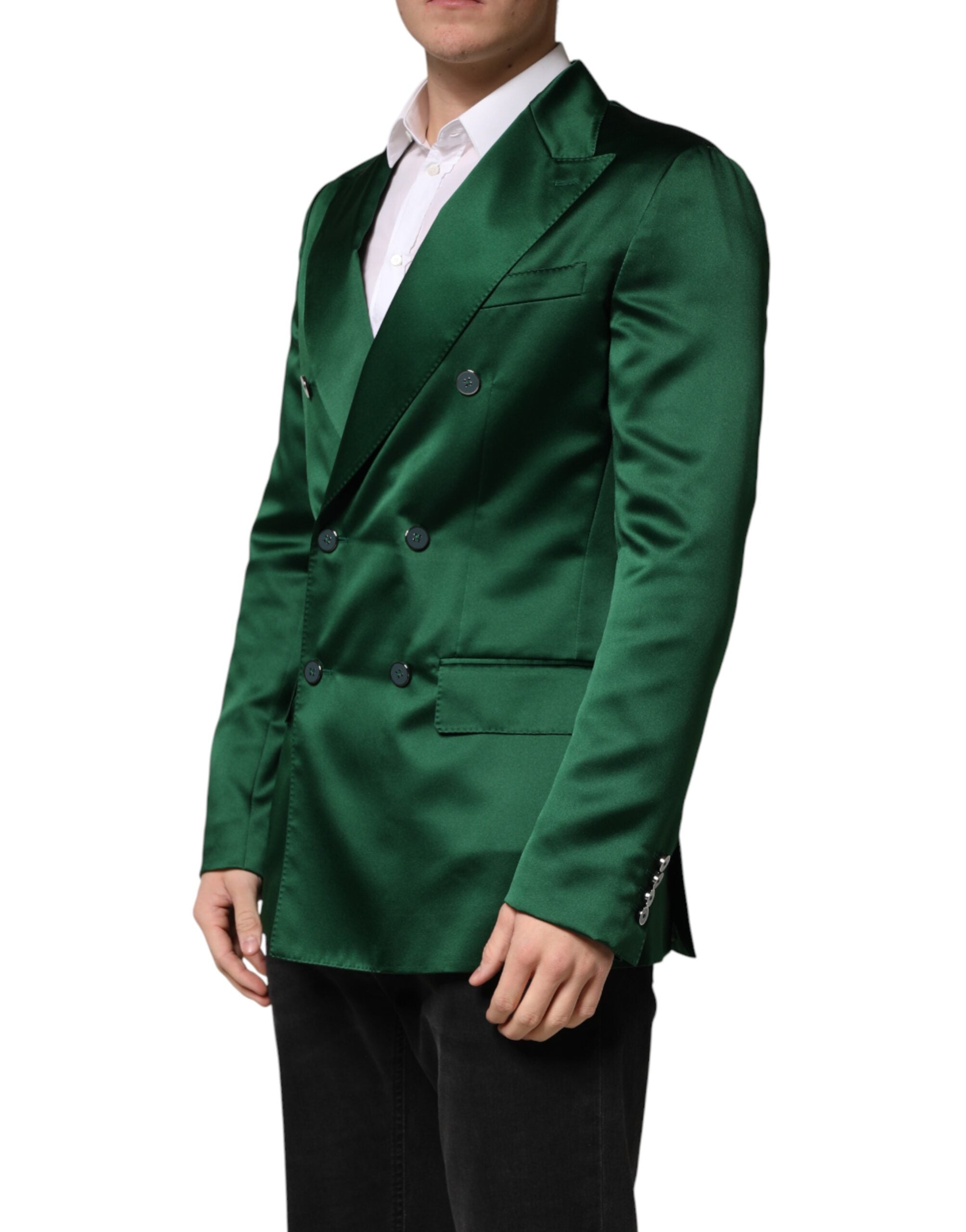 Green Satin Double Breasted Jacket Blazer - ventzia