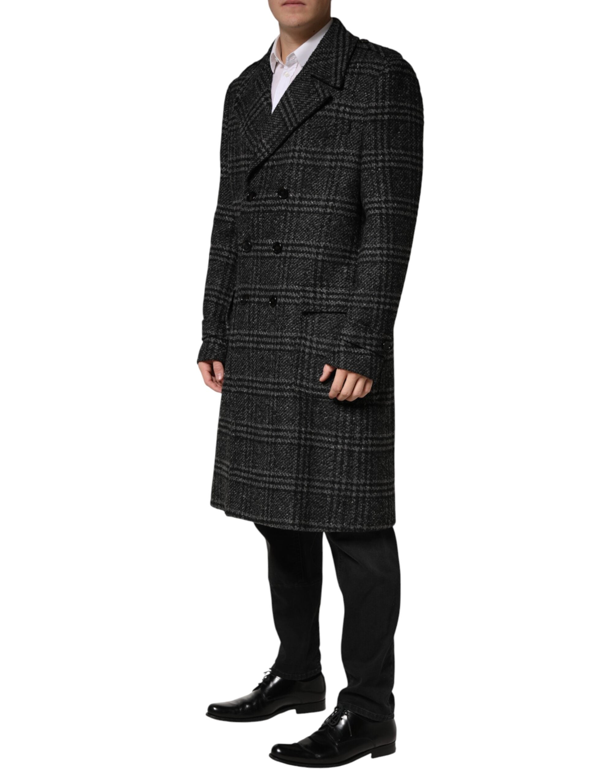 Grey Double Breasted Plaid Wool Coat Jacket - ventzia