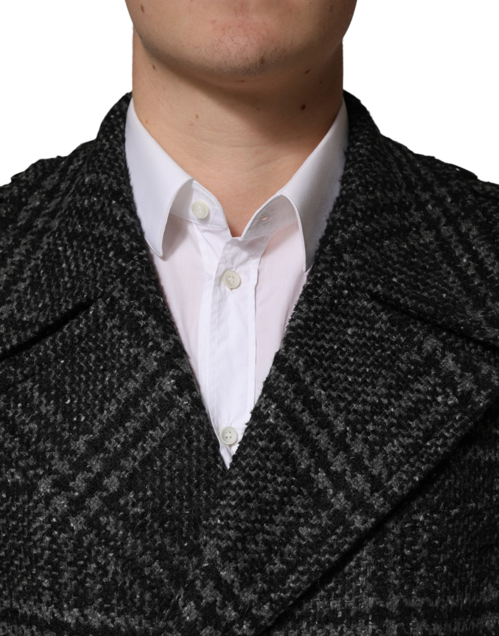 Grey Double Breasted Plaid Wool Coat Jacket - ventzia