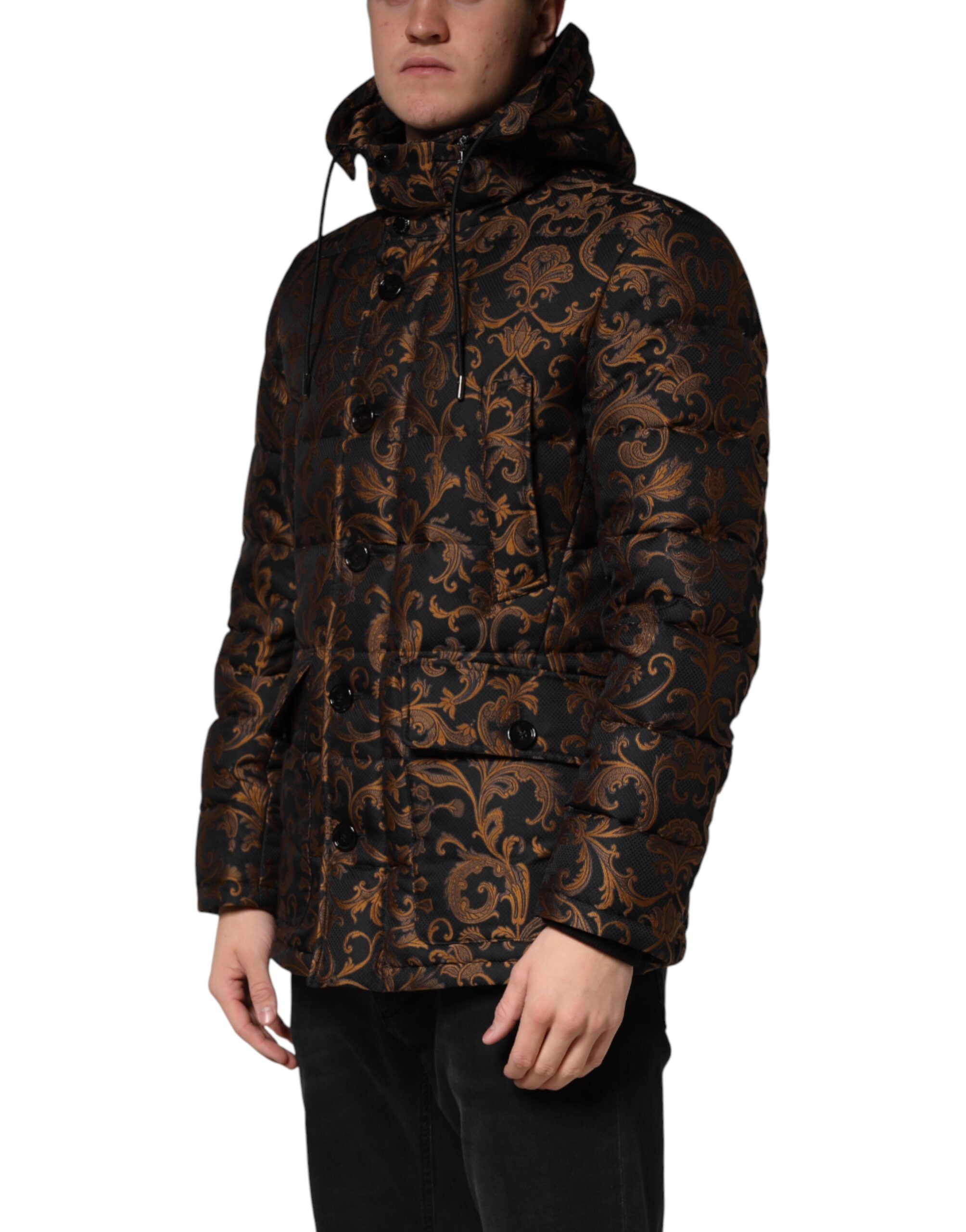 Black Floral Jacquard Quilted Hooded Jacket - ventzia