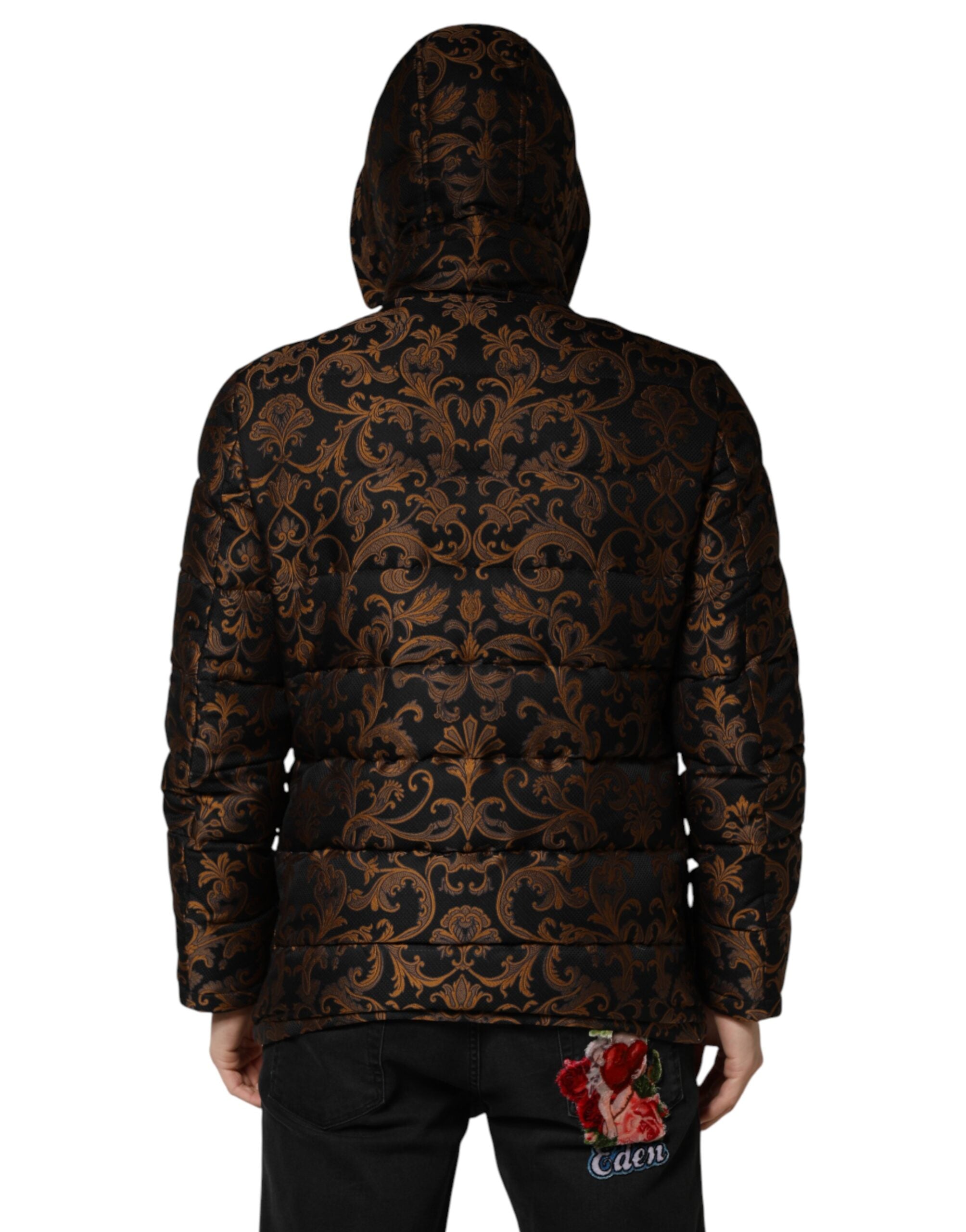 Black Floral Jacquard Quilted Hooded Jacket - ventzia