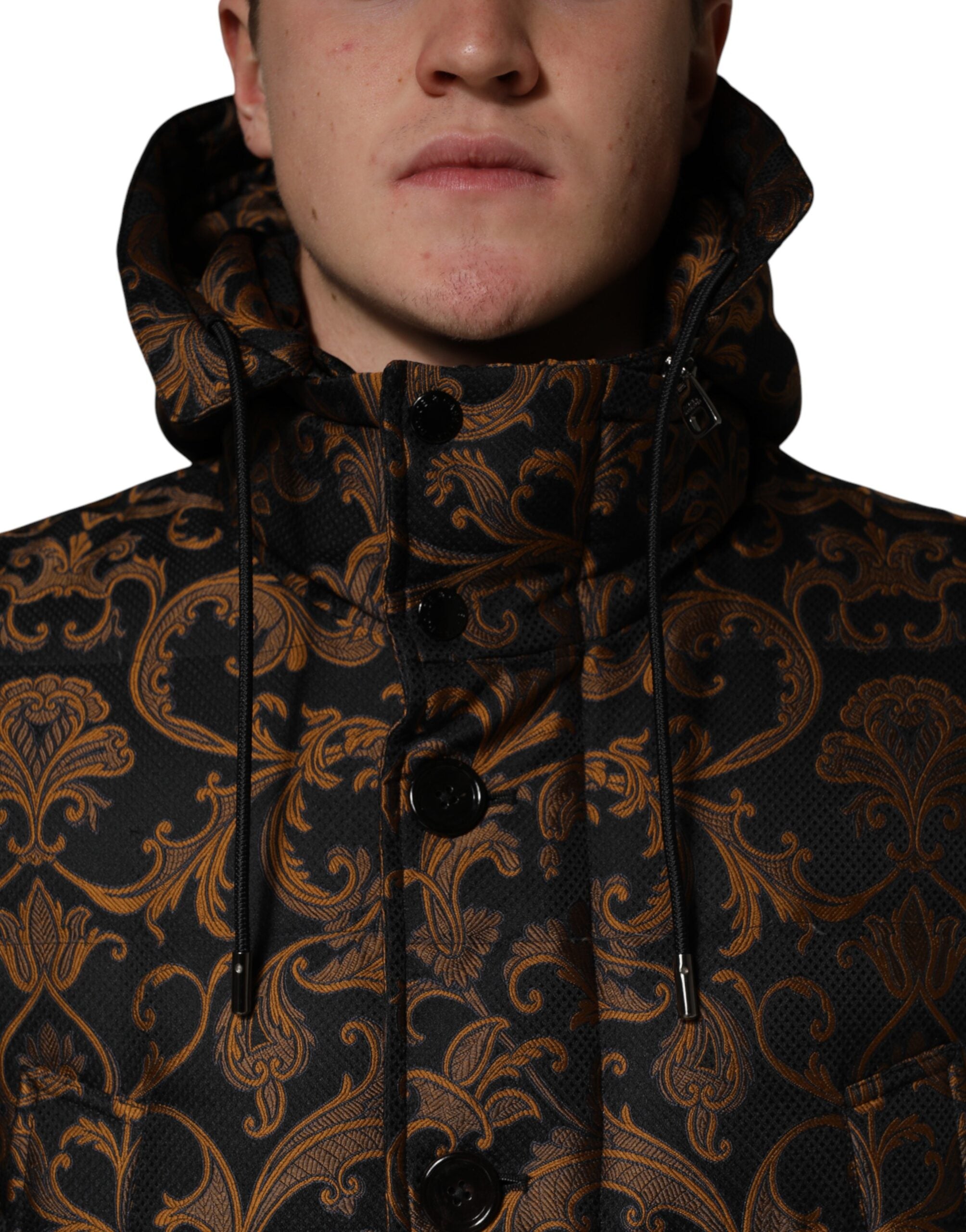 Black Floral Jacquard Quilted Hooded Jacket - ventzia