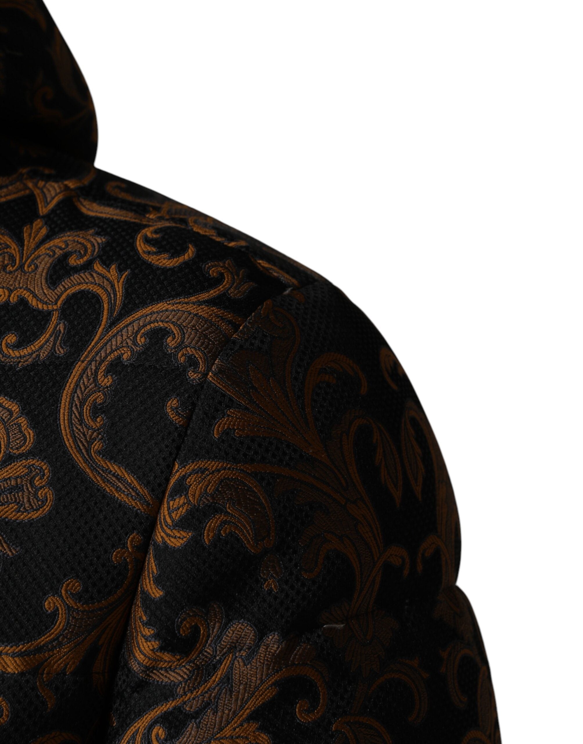 Black Floral Jacquard Quilted Hooded Jacket - ventzia