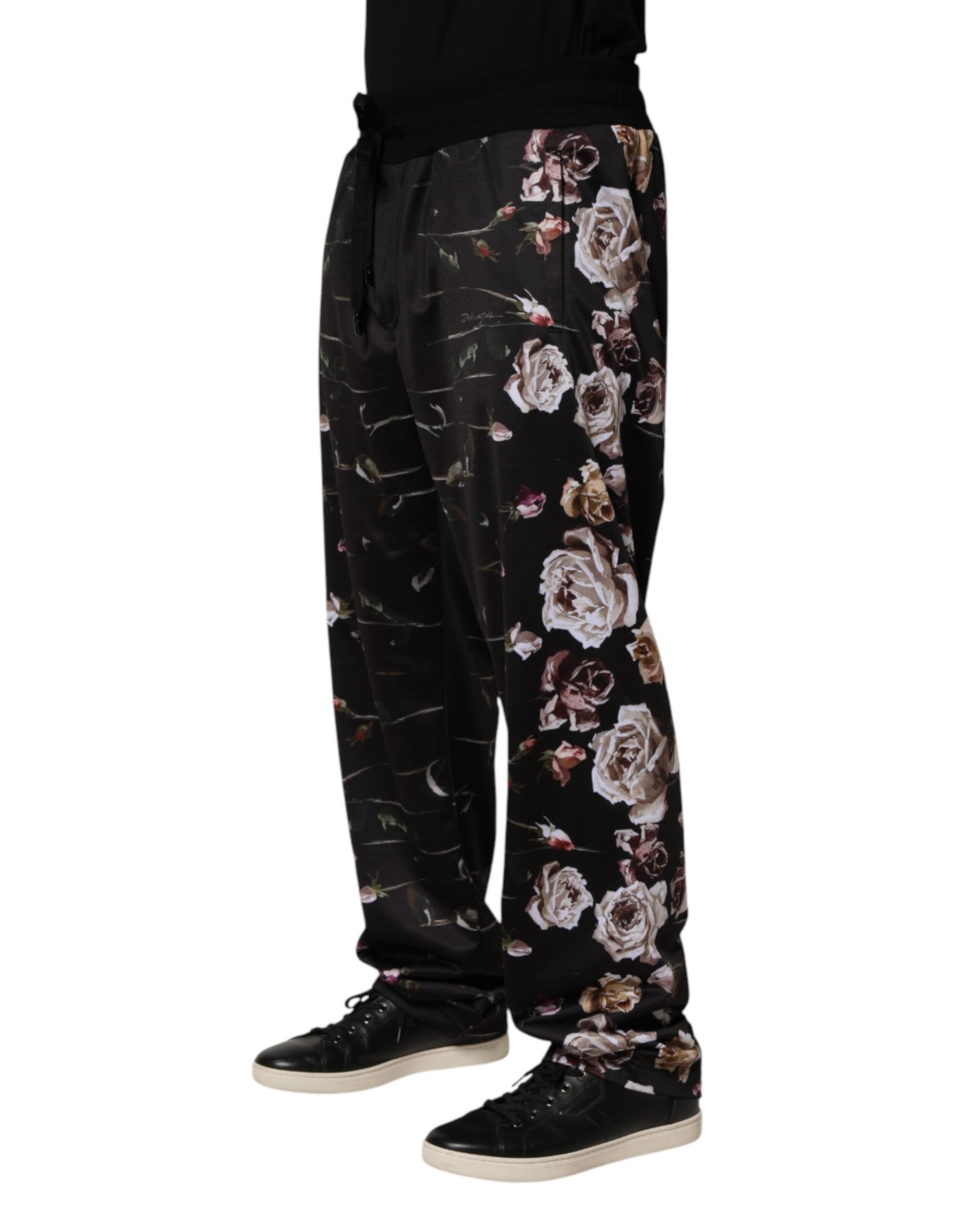 Black Floral Straight-Leg Chino Trouser Pants - ventzia