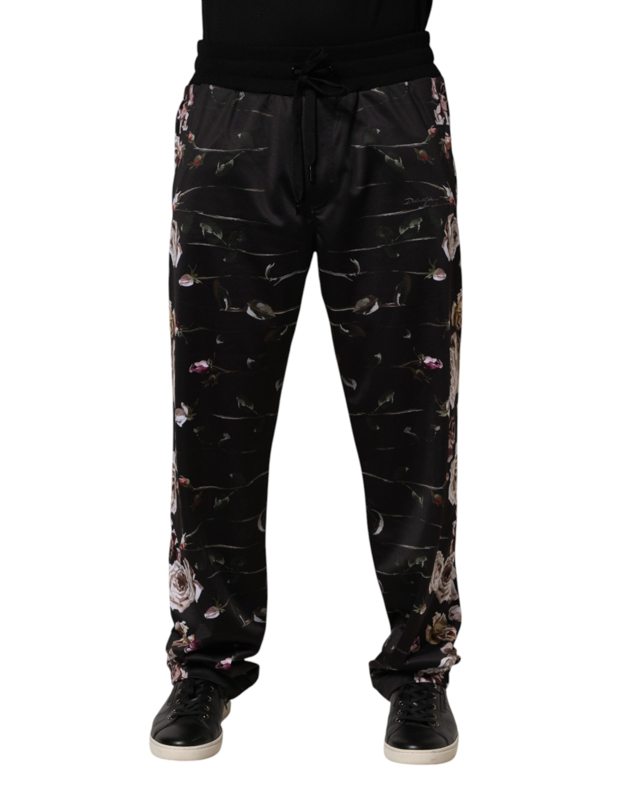 Black Floral Straight-Leg Chino Trouser Pants - ventzia