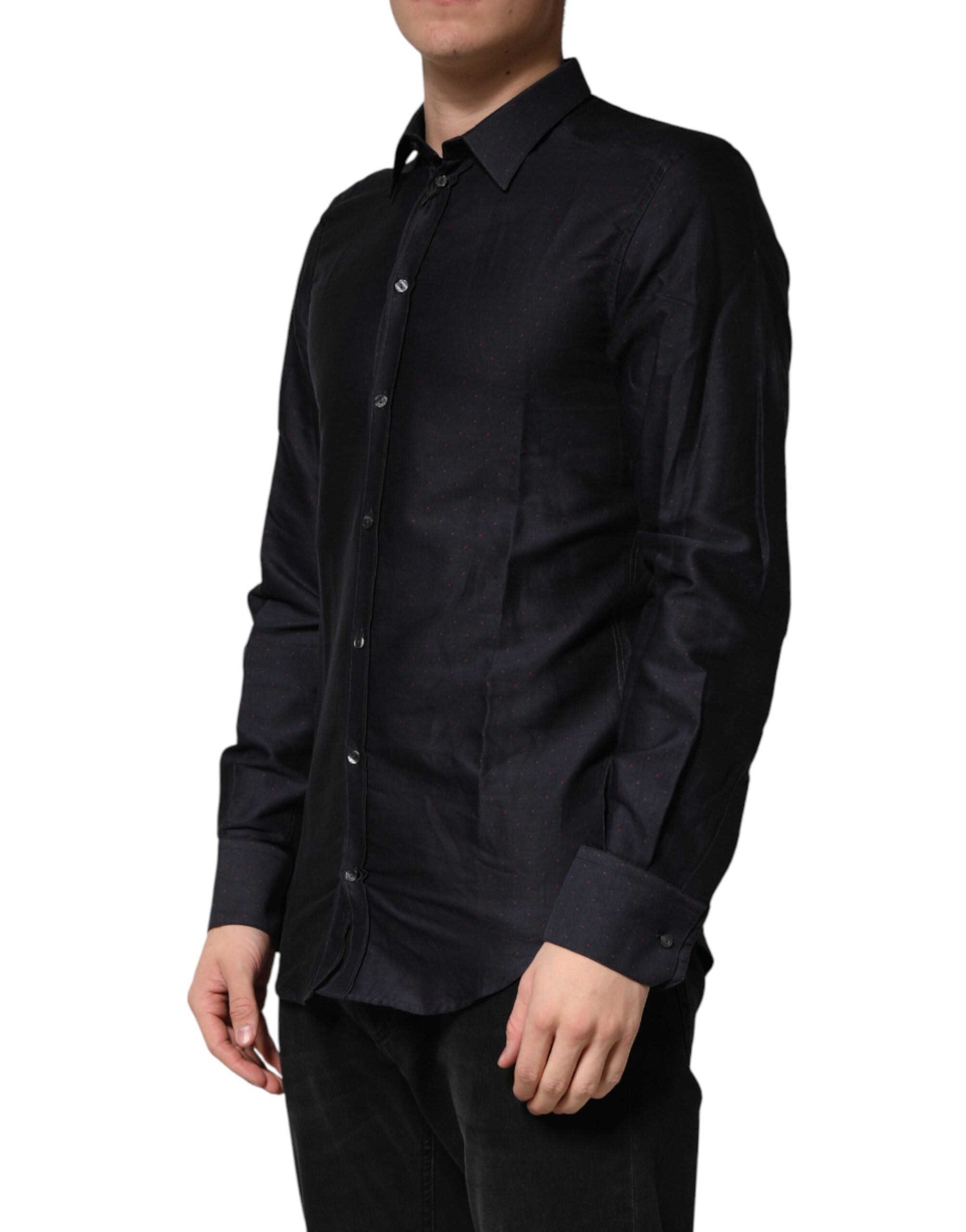 Black Dotted Cotton Collared GOLD Dress Shirt - ventzia