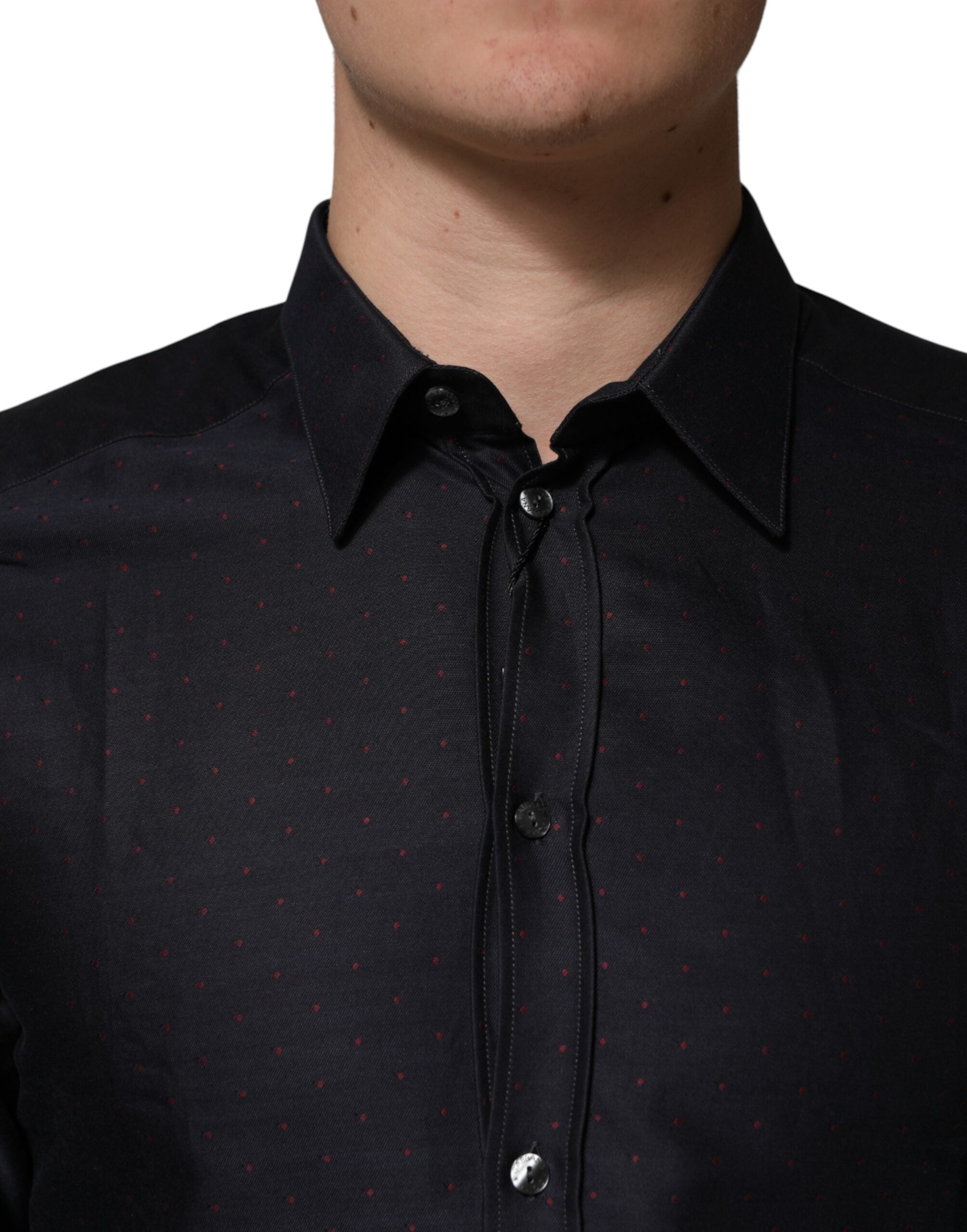 Black Dotted Cotton Collared GOLD Dress Shirt - ventzia