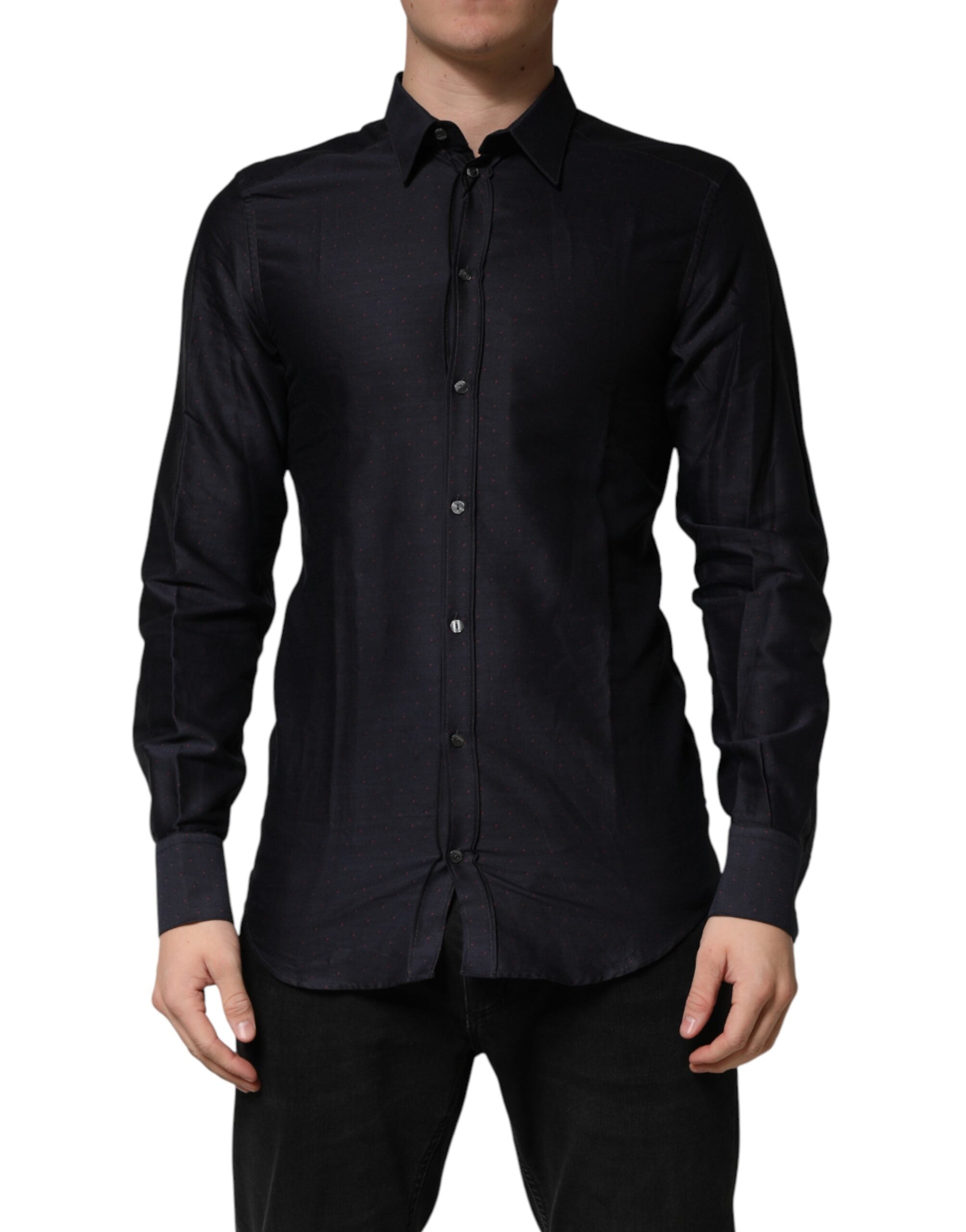 Black Dotted Cotton Collared GOLD Dress Shirt - ventzia