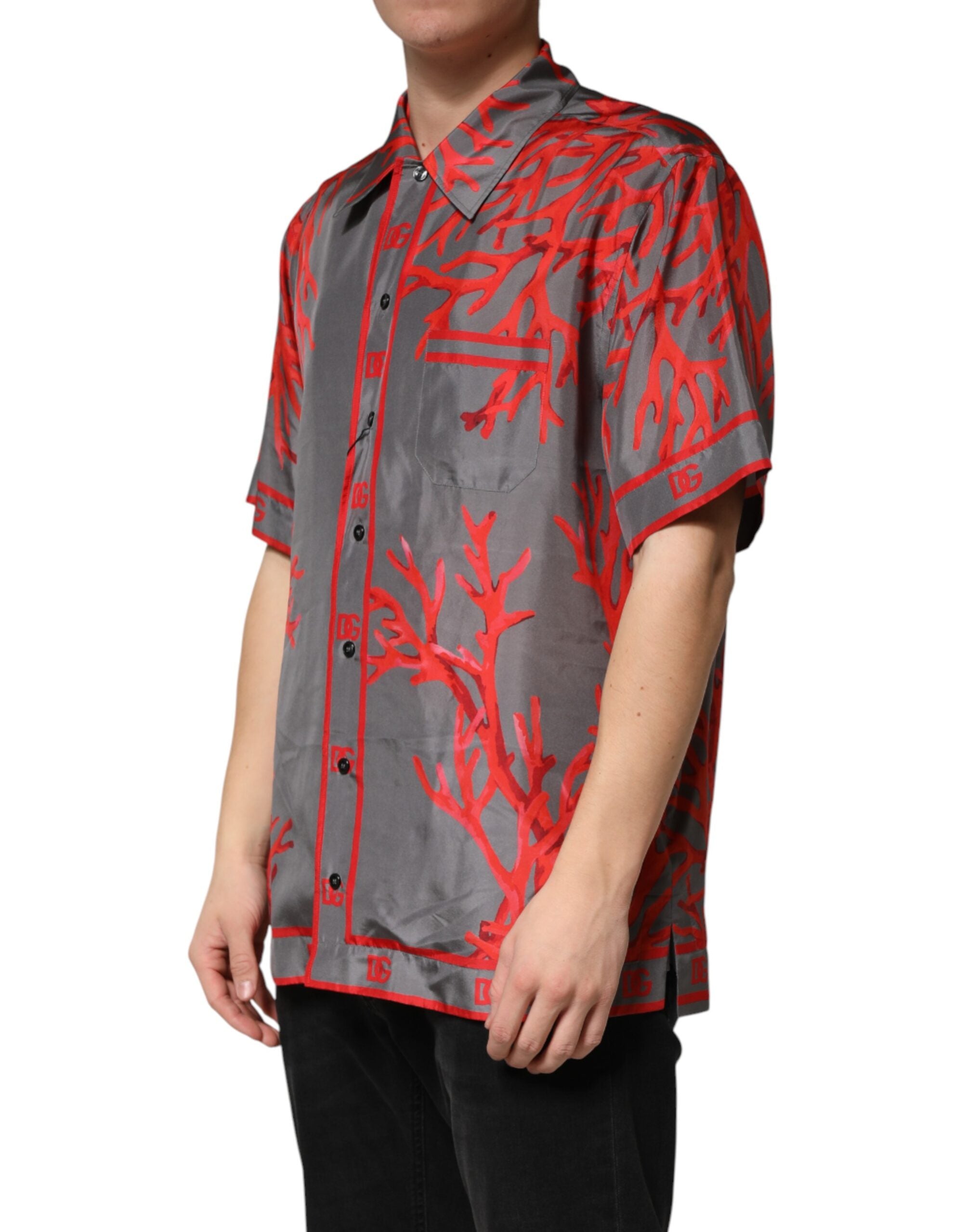 Gray Red Corals Short Sleeves Casual Shirt - ventzia