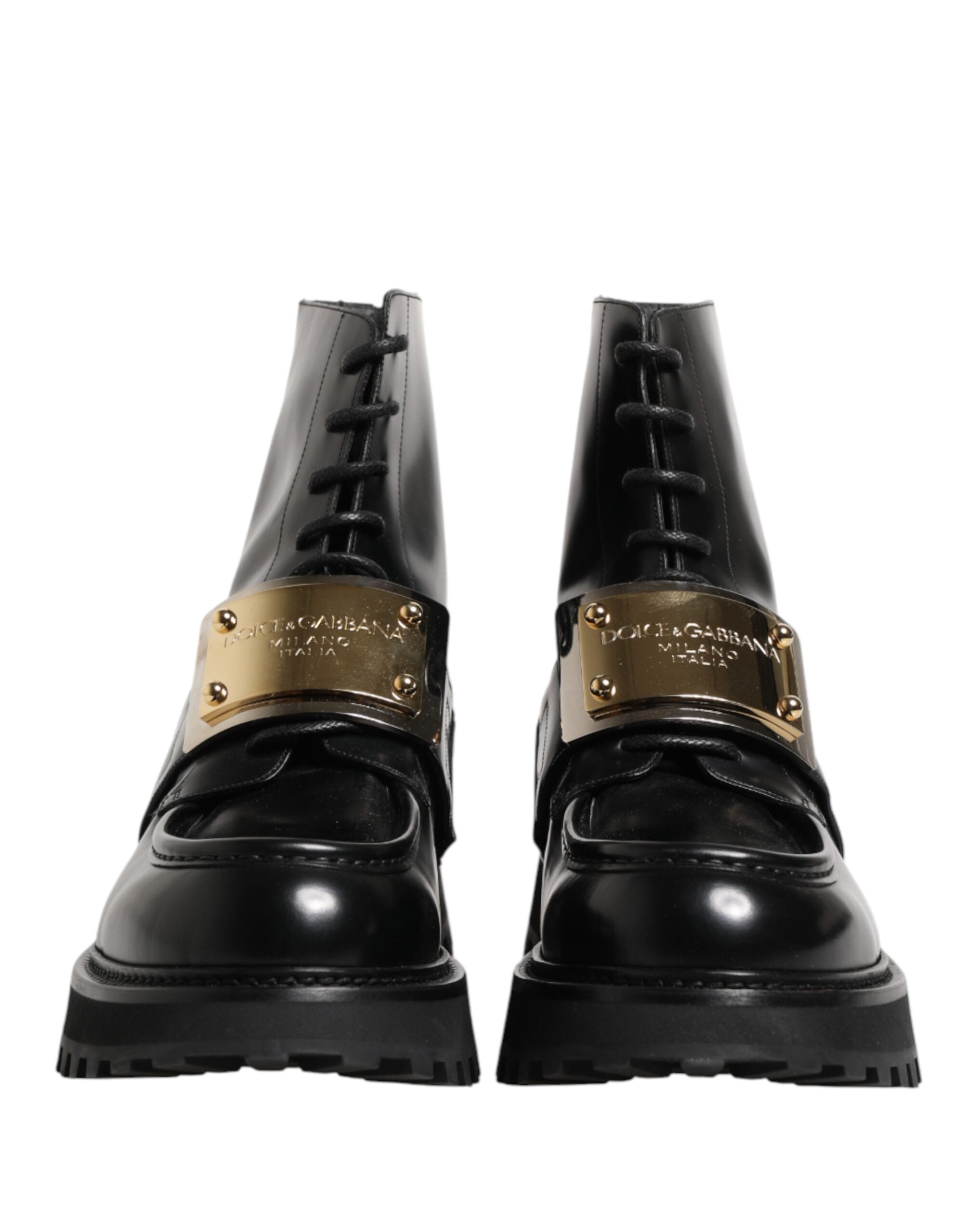Black Leather DG Plaque Lace Up Boots Shoes - ventzia