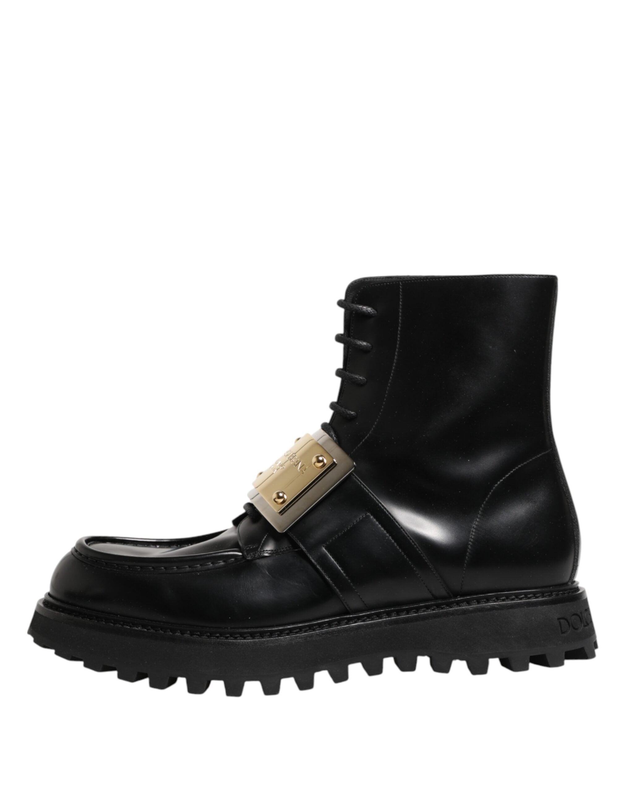 Black Leather DG Plaque Lace Up Boots Shoes - ventzia