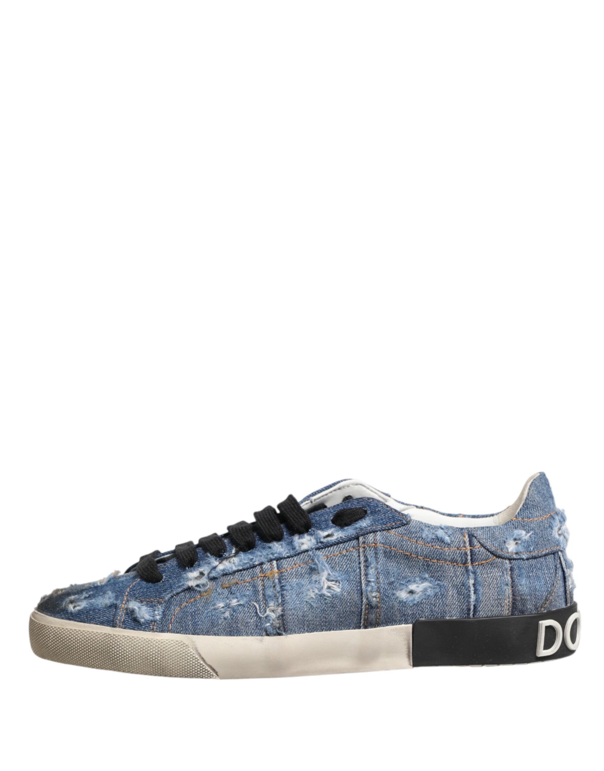 Blue Distressed Denim Low Top Sneakers Shoes - ventzia