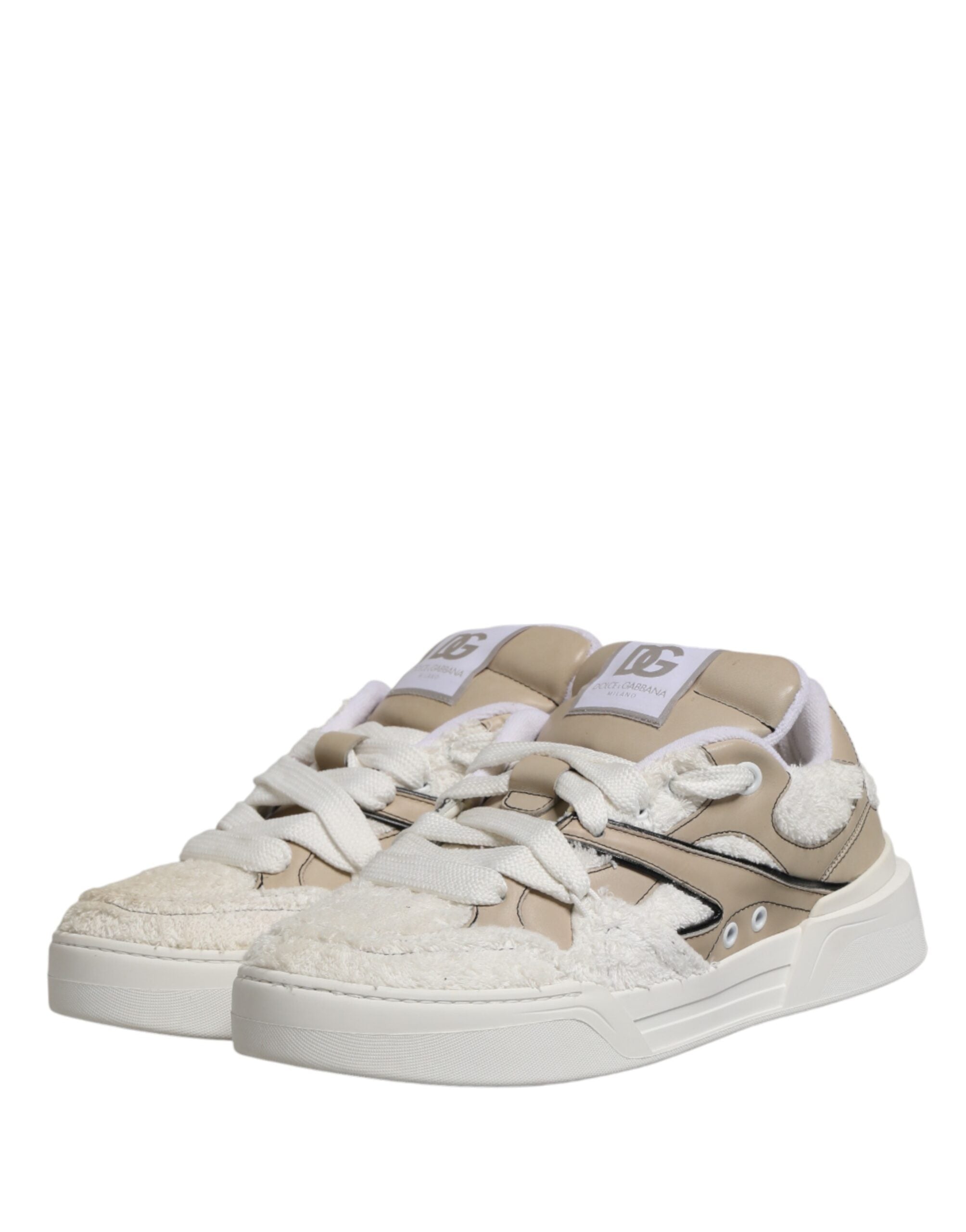 White Beige Faux Shearling Low Top Sneakers Shoes - ventzia