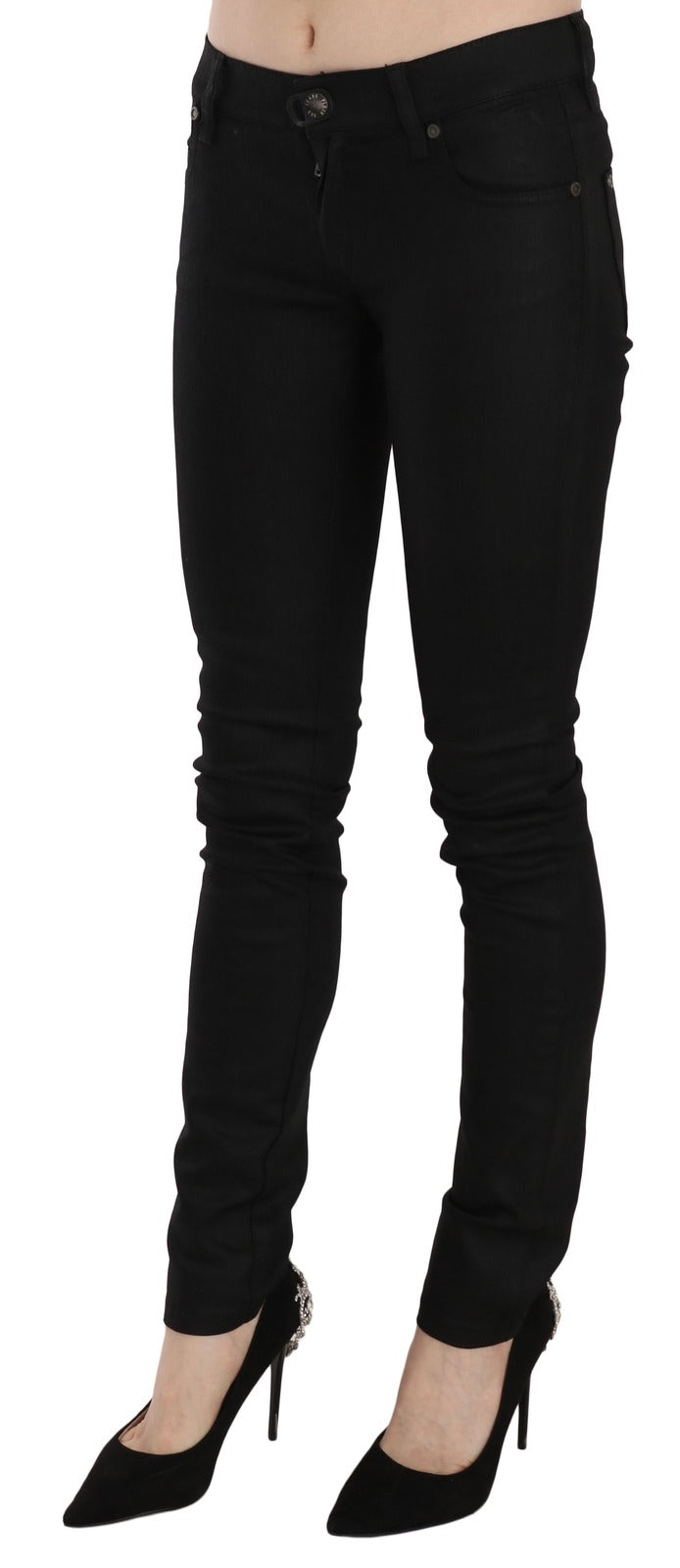 Cotton Black Mid Waist Skinny Denim Jeans - ventzia