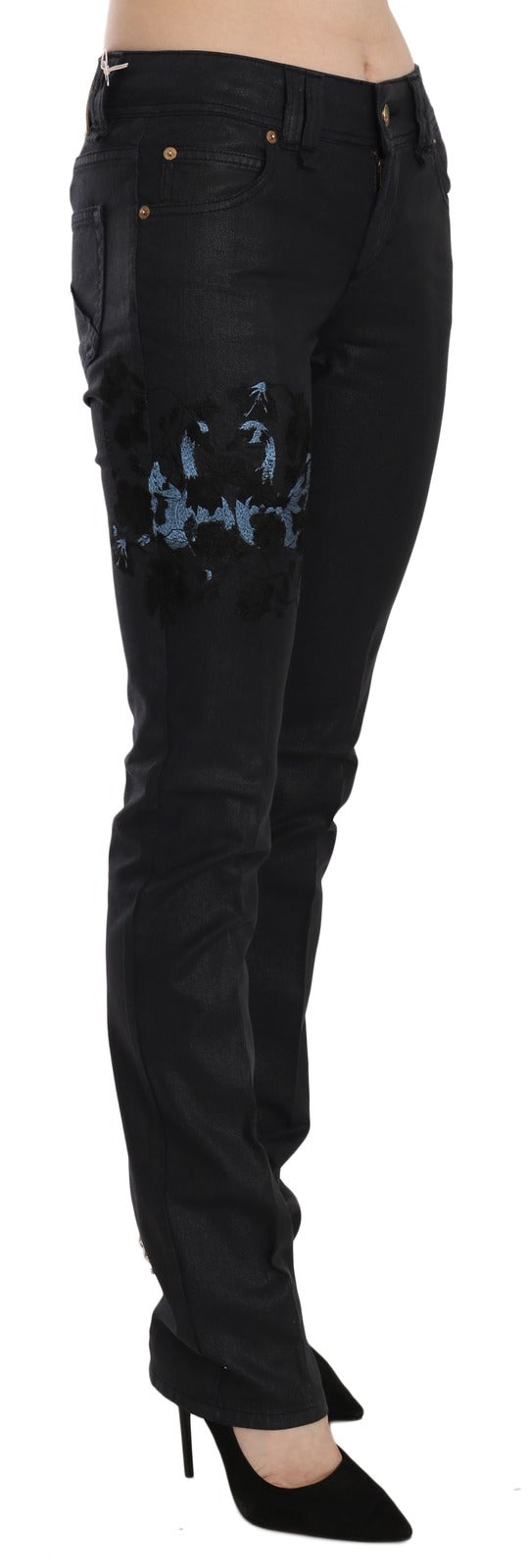 Black Swan Floral Embroidered Mid Waist Skinny Denim Jeans - ventzia