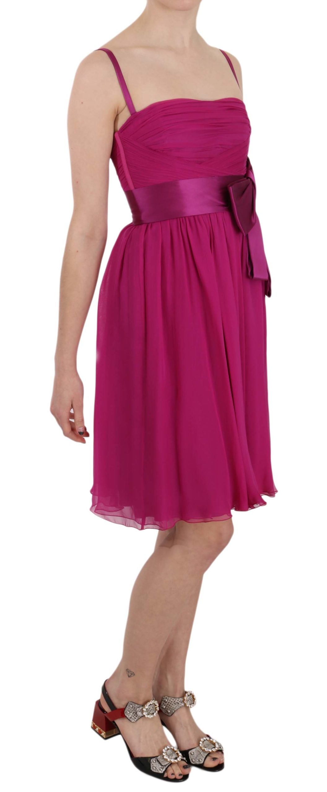 Elegant Fuchsia Pink Silk Bow Front Dress - ventzia