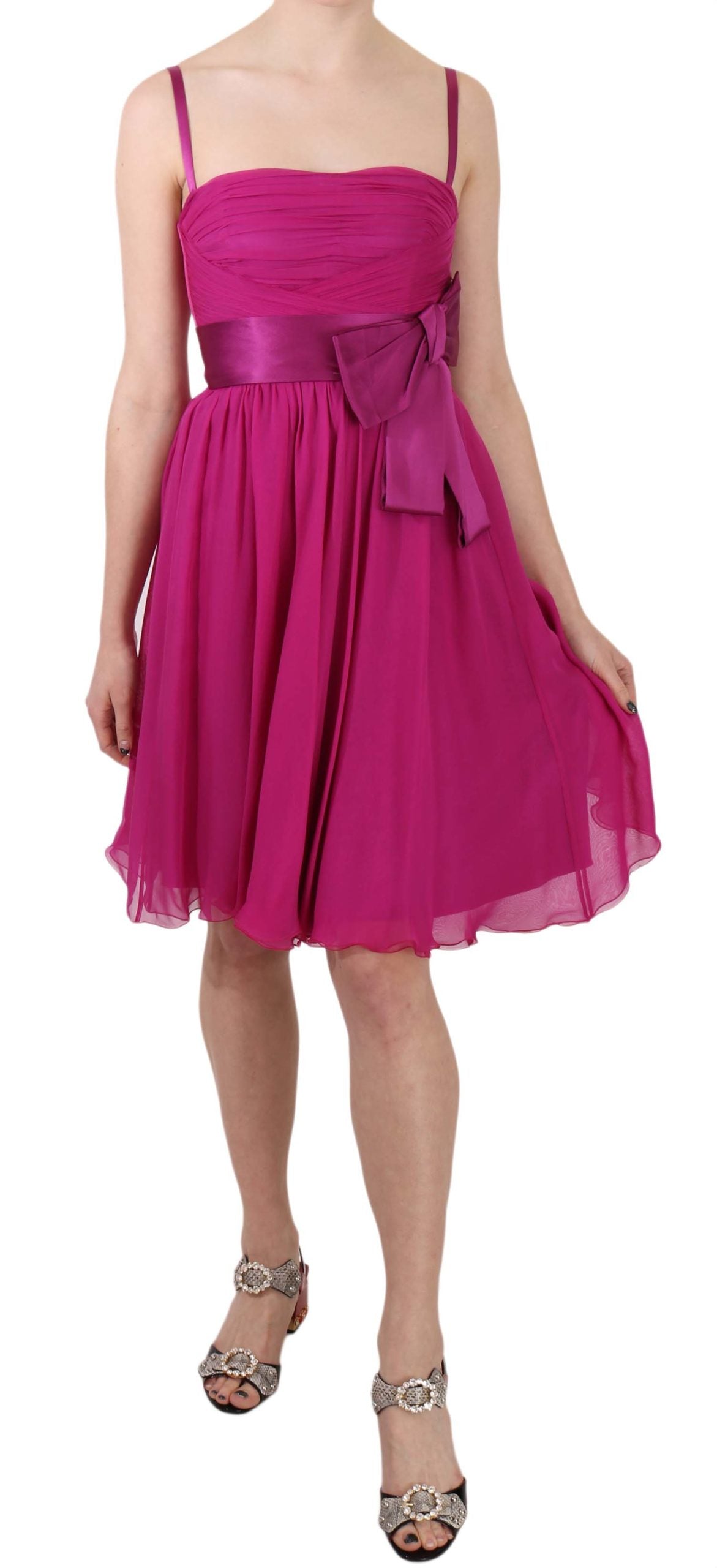 Elegant Fuchsia Pink Silk Bow Front Dress - ventzia