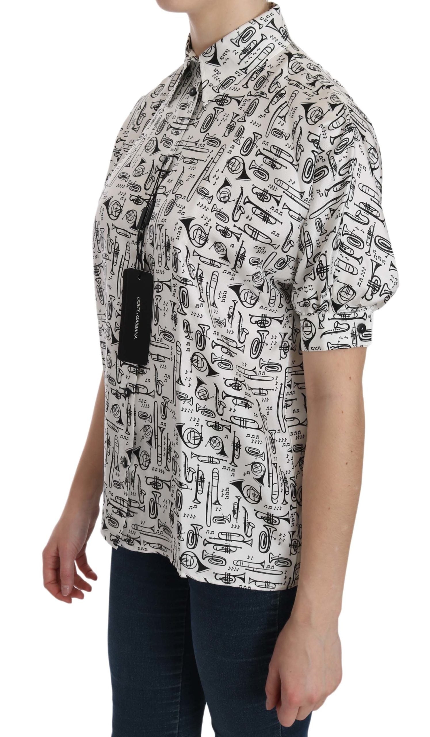 Musical Instrument Print Silk Collared Top - ventzia