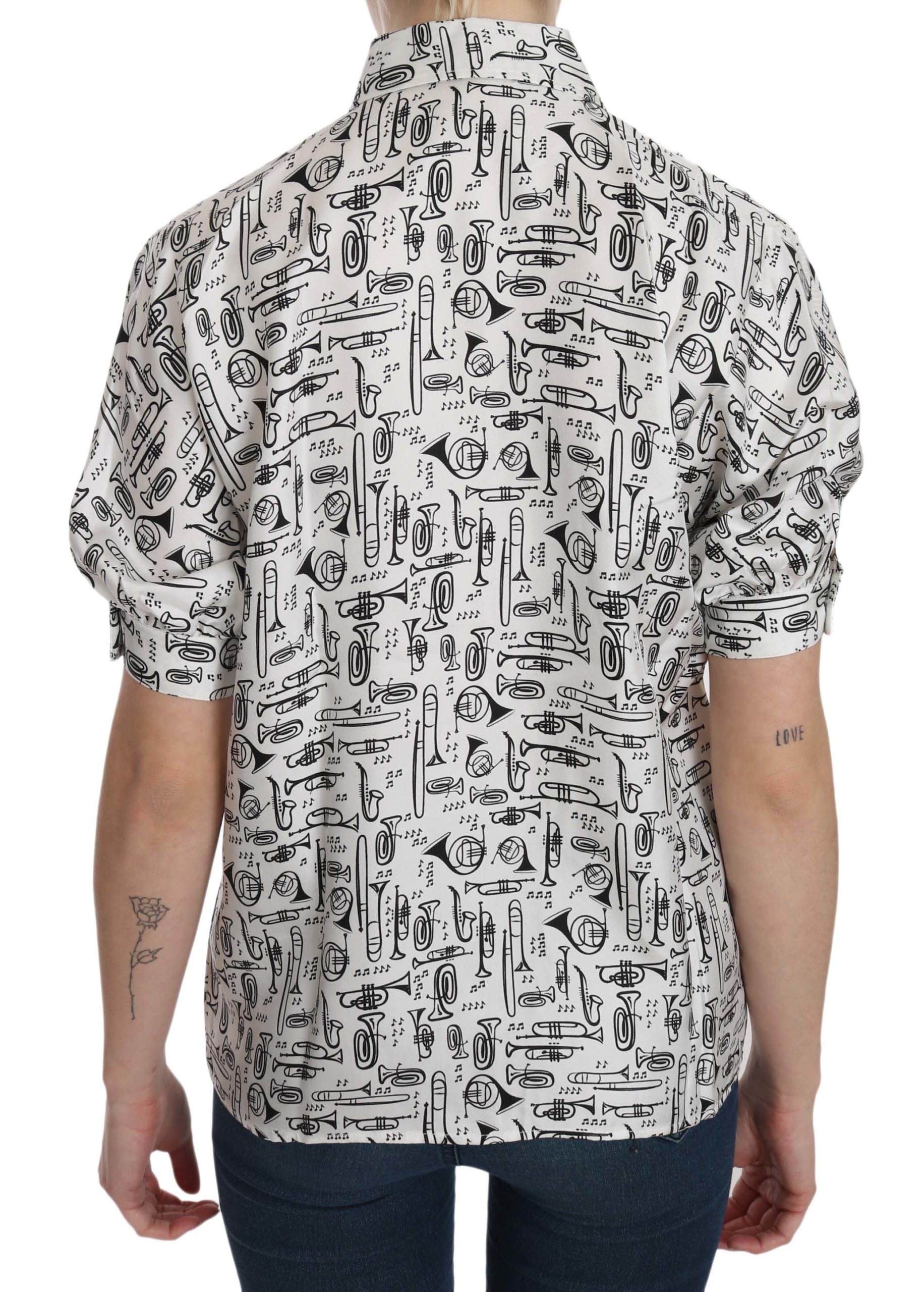 Musical Instrument Print Silk Collared Top - ventzia