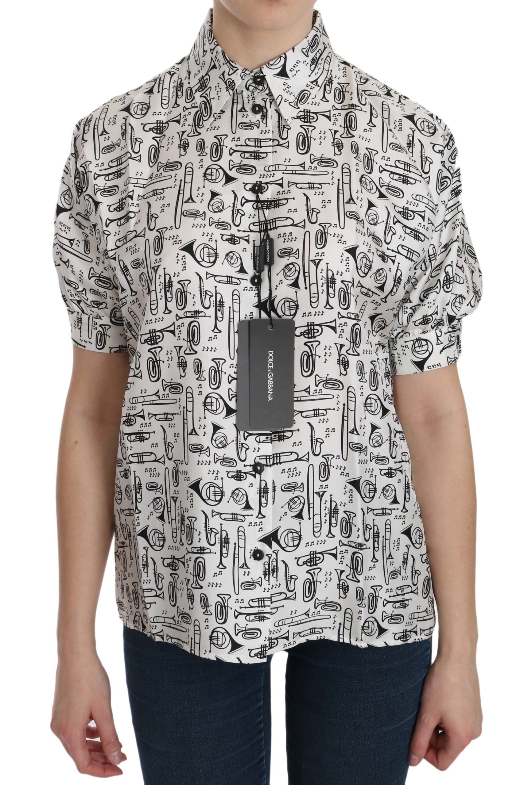 Musical Instrument Print Silk Collared Top - ventzia