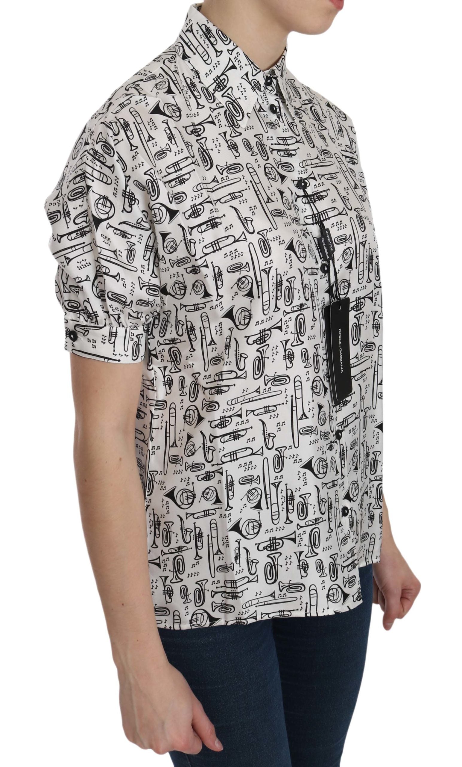 Musical Instrument Print Silk Collared Top - ventzia