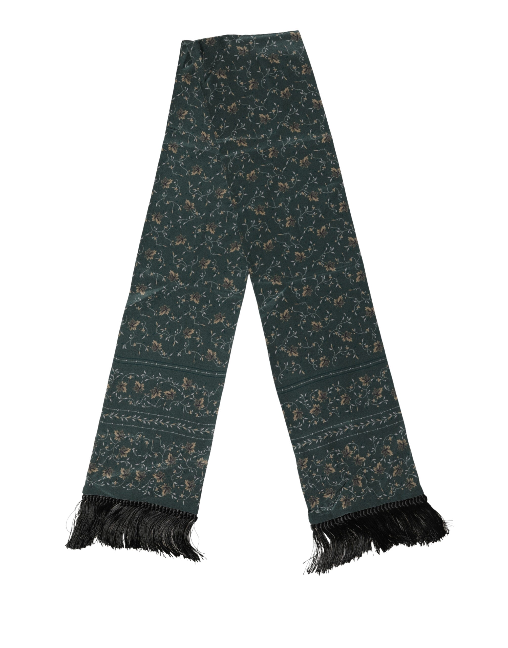Green Silk Floral Pattern Fringed 135cm X 16cm Scarf - ventzia