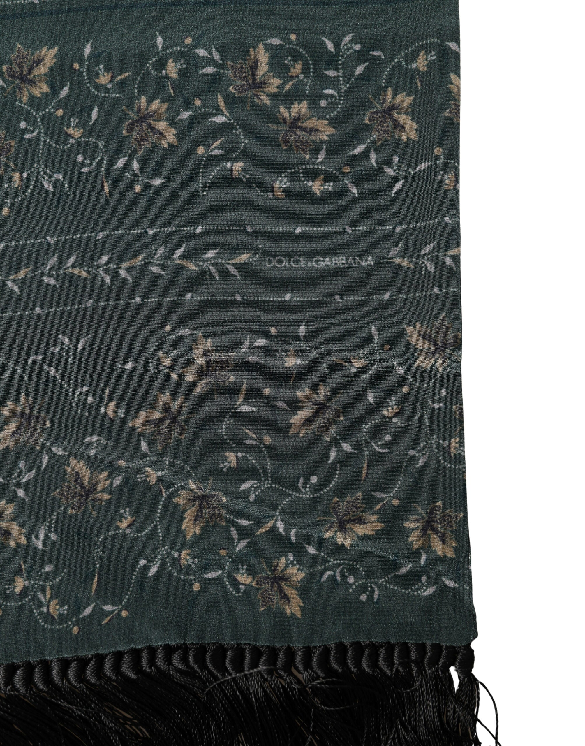 Green Silk Floral Pattern Fringed 135cm X 16cm Scarf - ventzia
