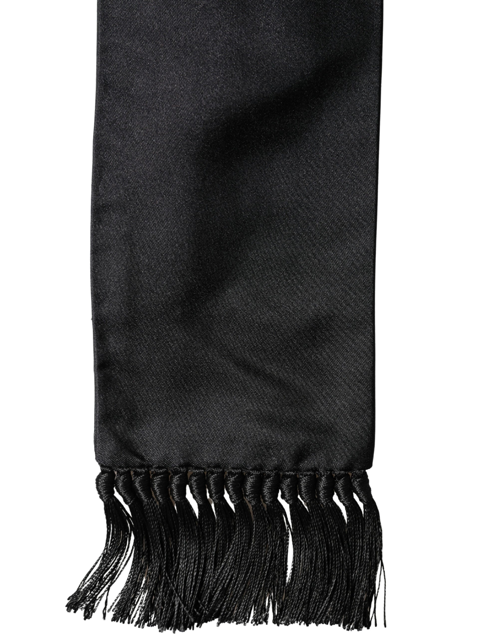 Black Silk Fringe Neck Wrap Foulard 160.5cm x 8cm Scarf - ventzia