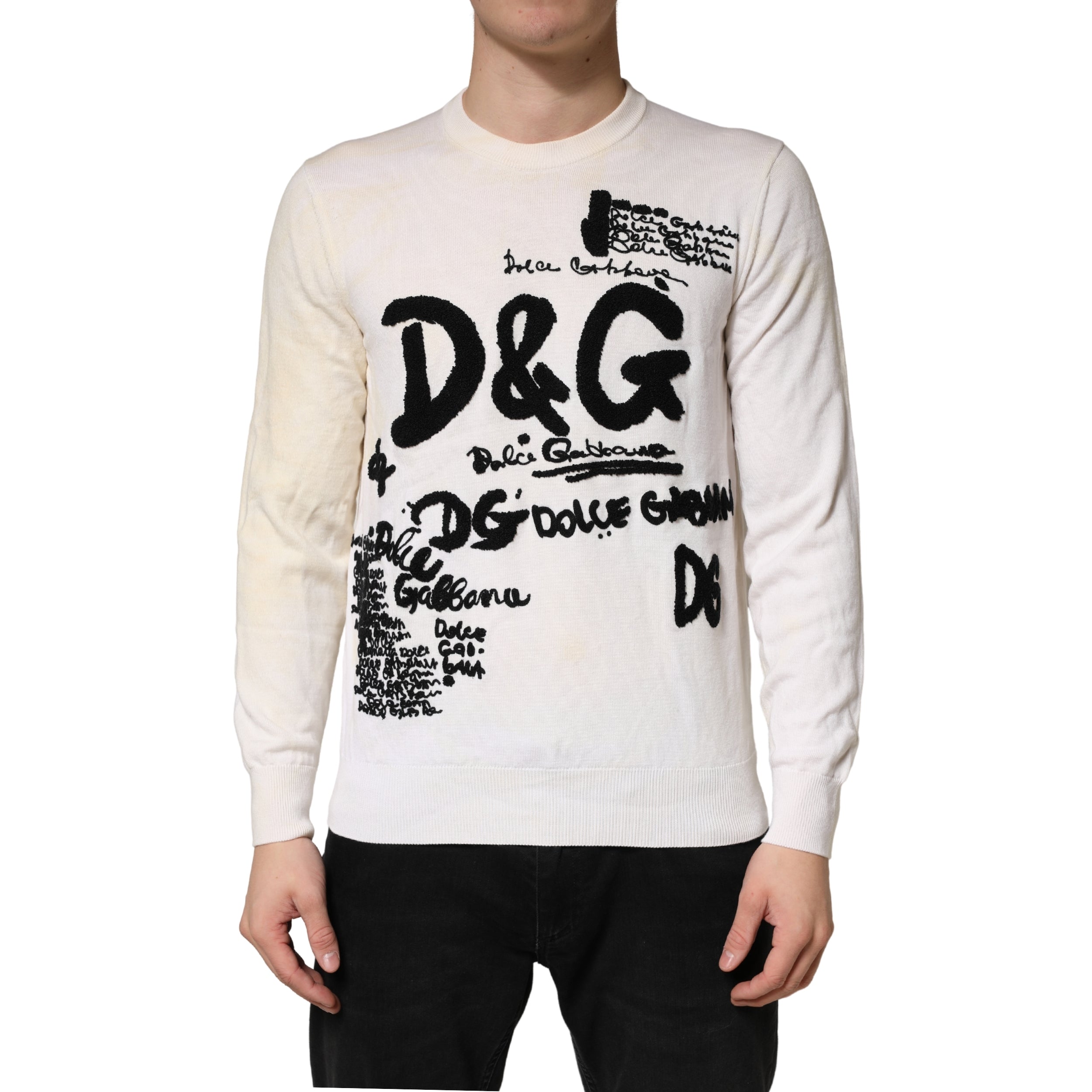 White Virgin Wool Graphic Logo Crewneck Sweater - ventzia