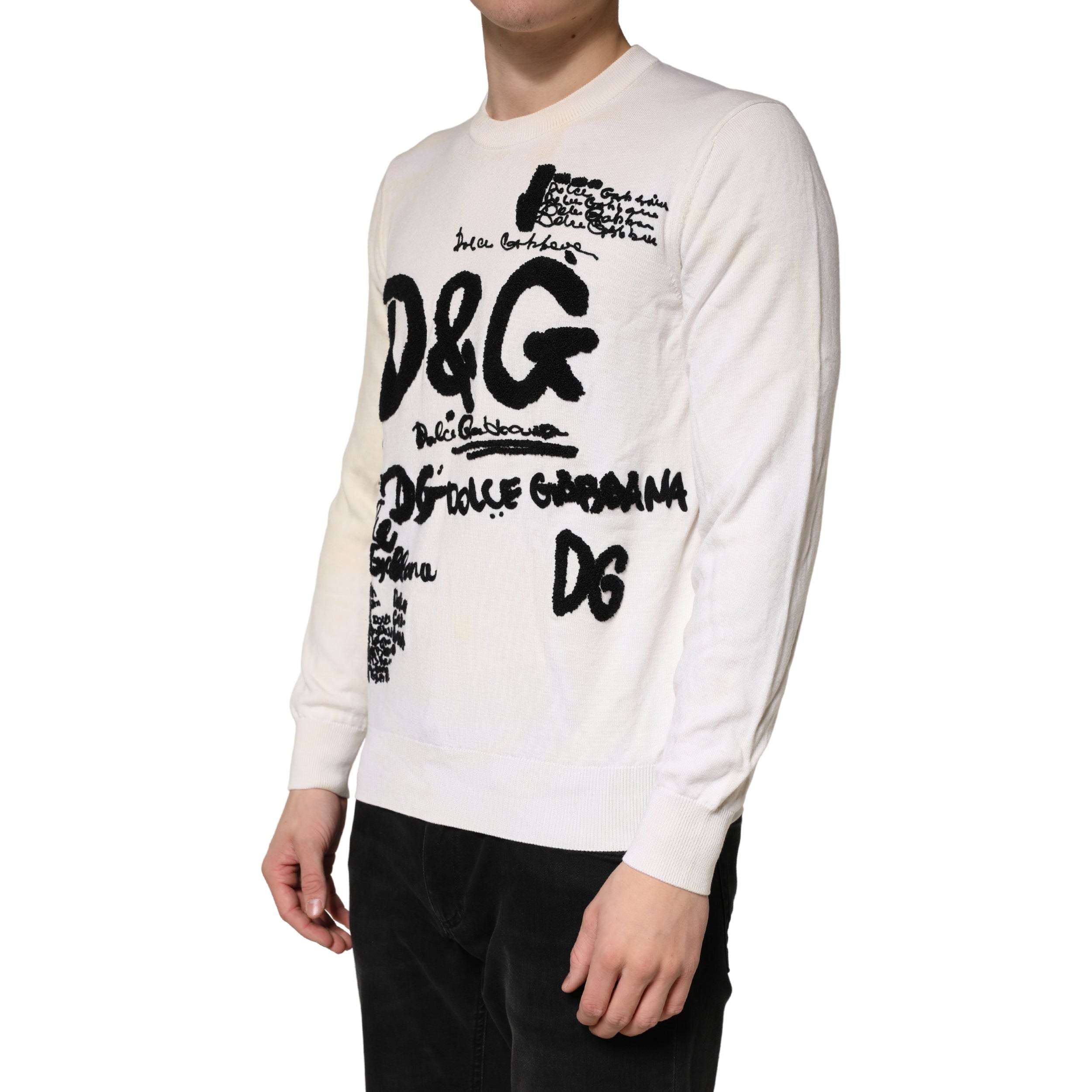 White Virgin Wool Graphic Logo Crewneck Sweater - ventzia