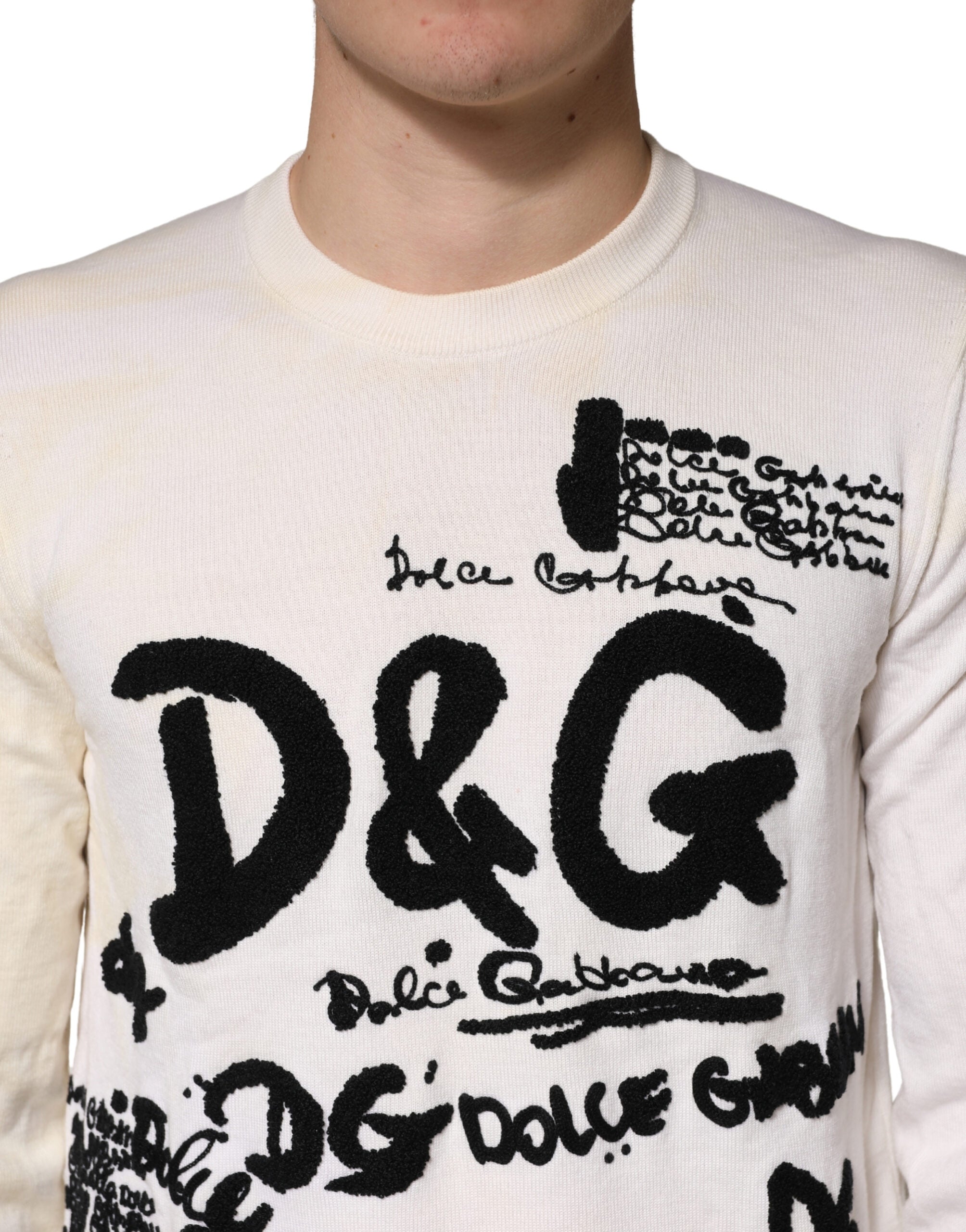 White Virgin Wool Graphic Logo Crewneck Sweater - ventzia