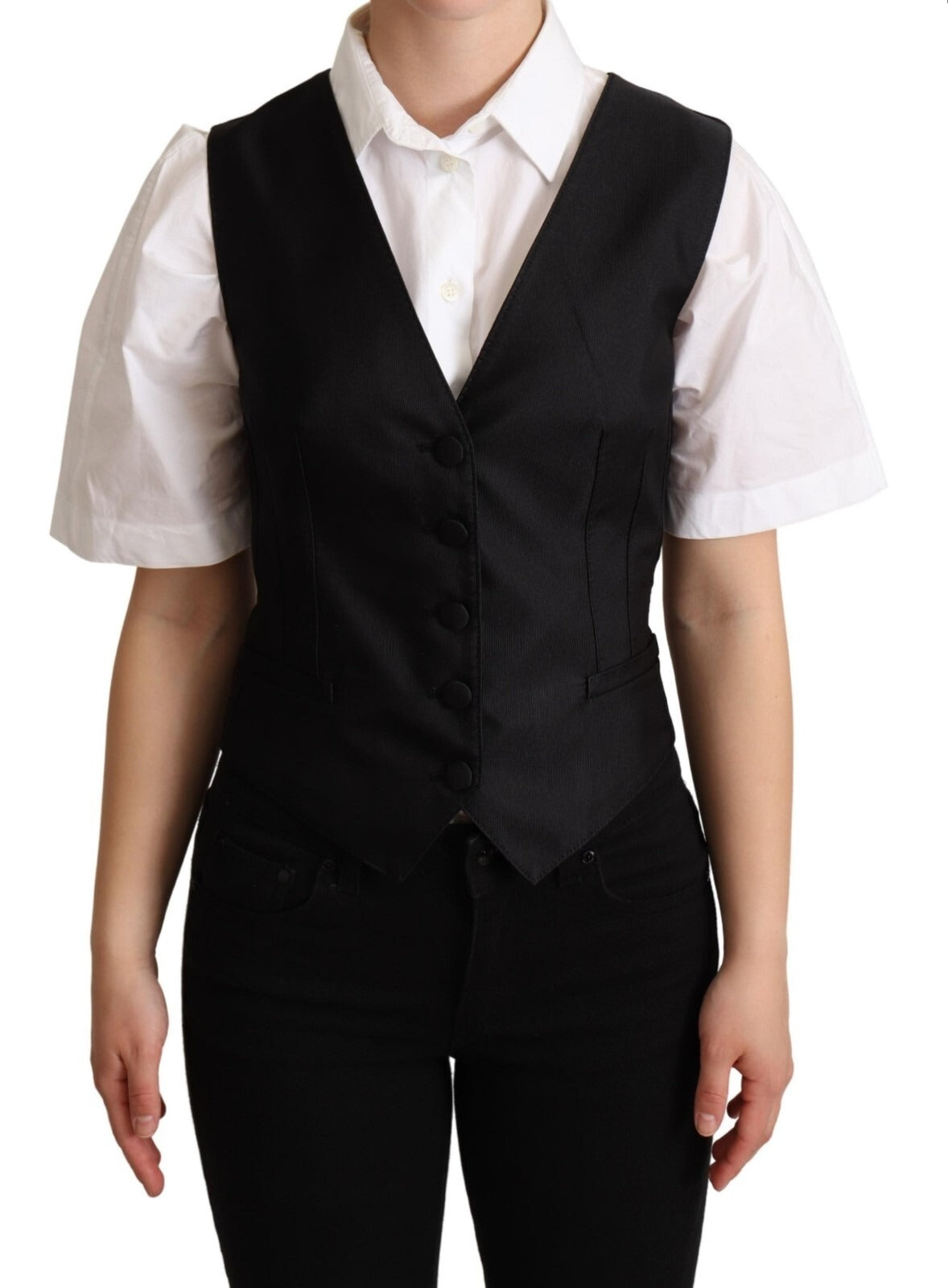 Solid Black Silk Sleeveless Waistcoat Vest Top - ventzia