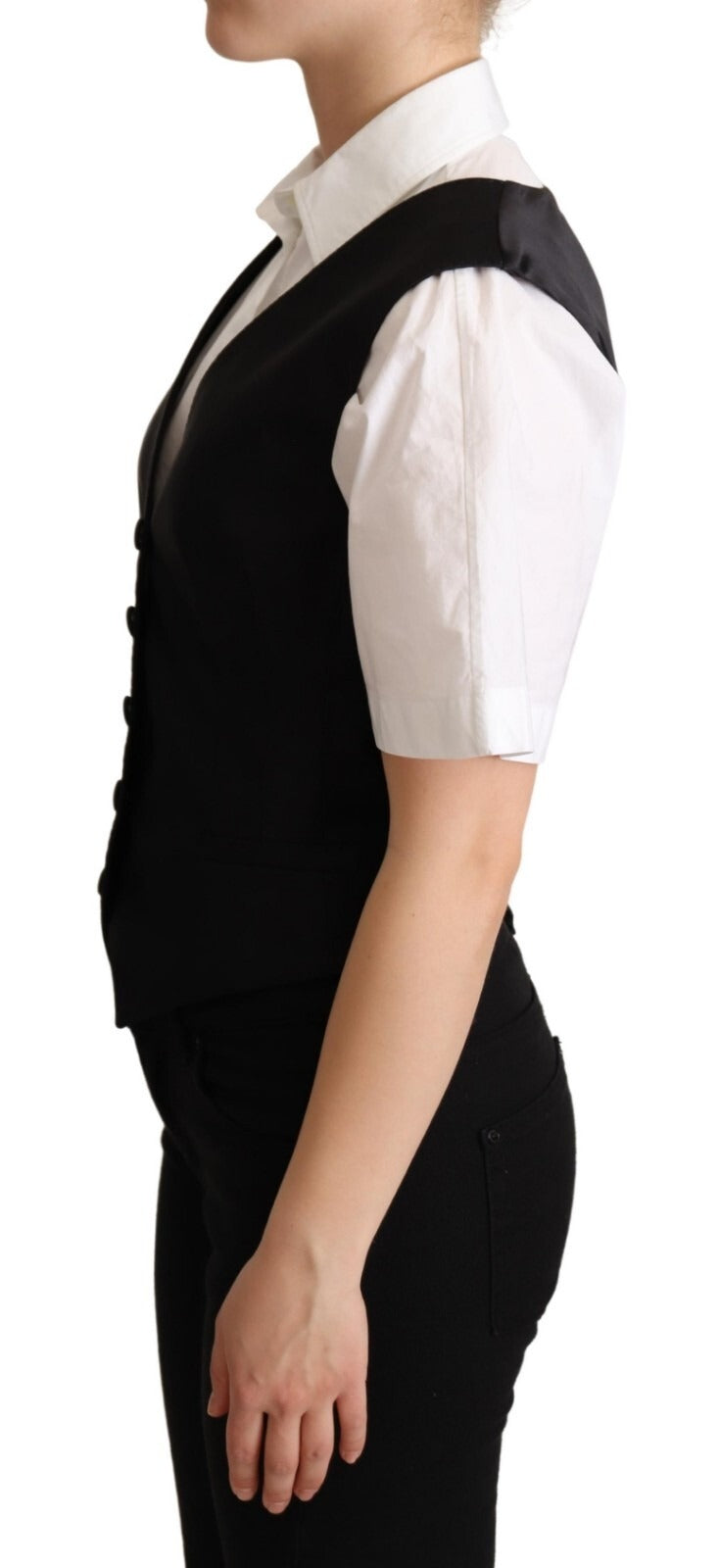 Solid Black Silk Sleeveless Waistcoat Vest Top - ventzia