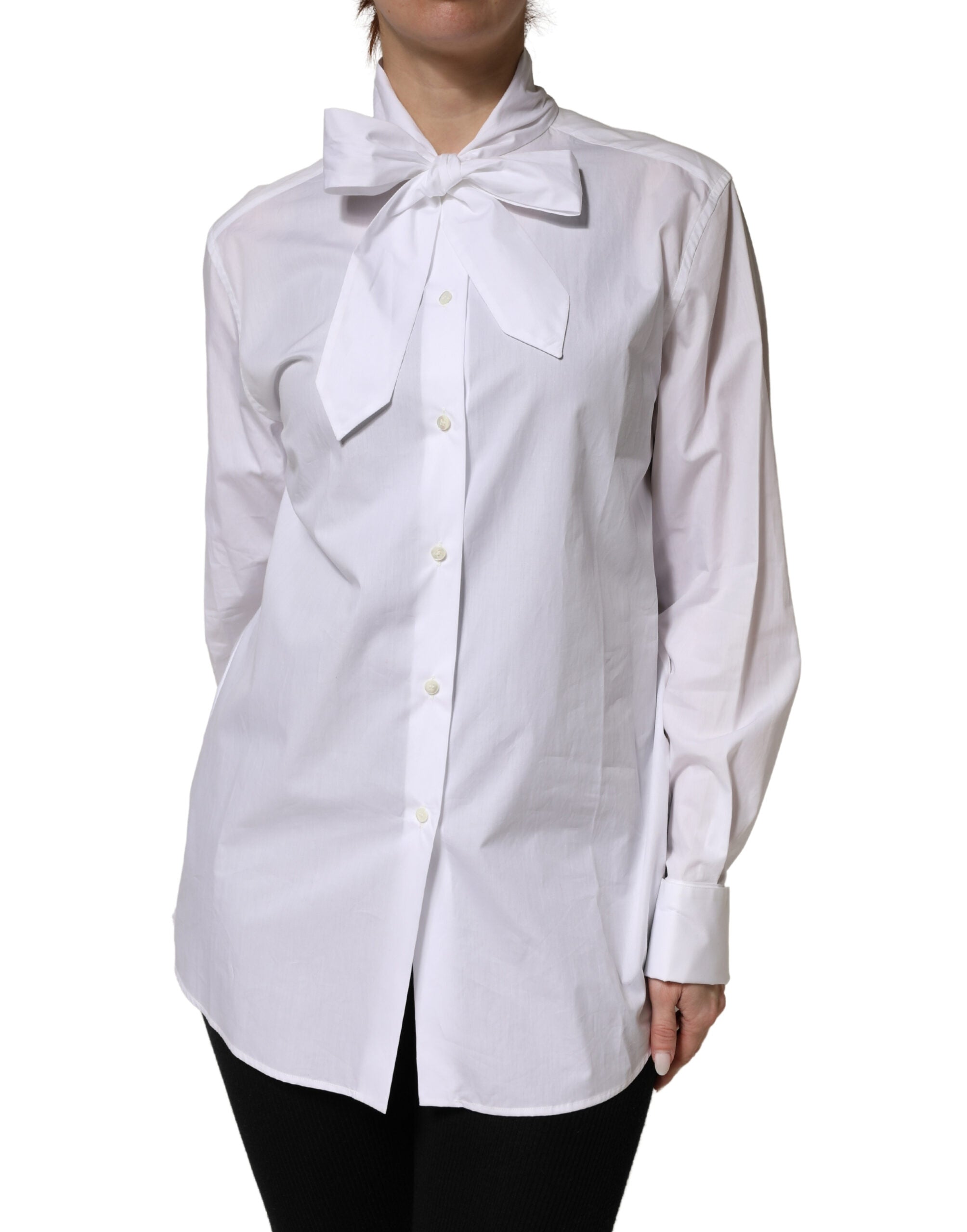 White Cotton Bow Tie Long Sleeves Blouse Top - ventzia