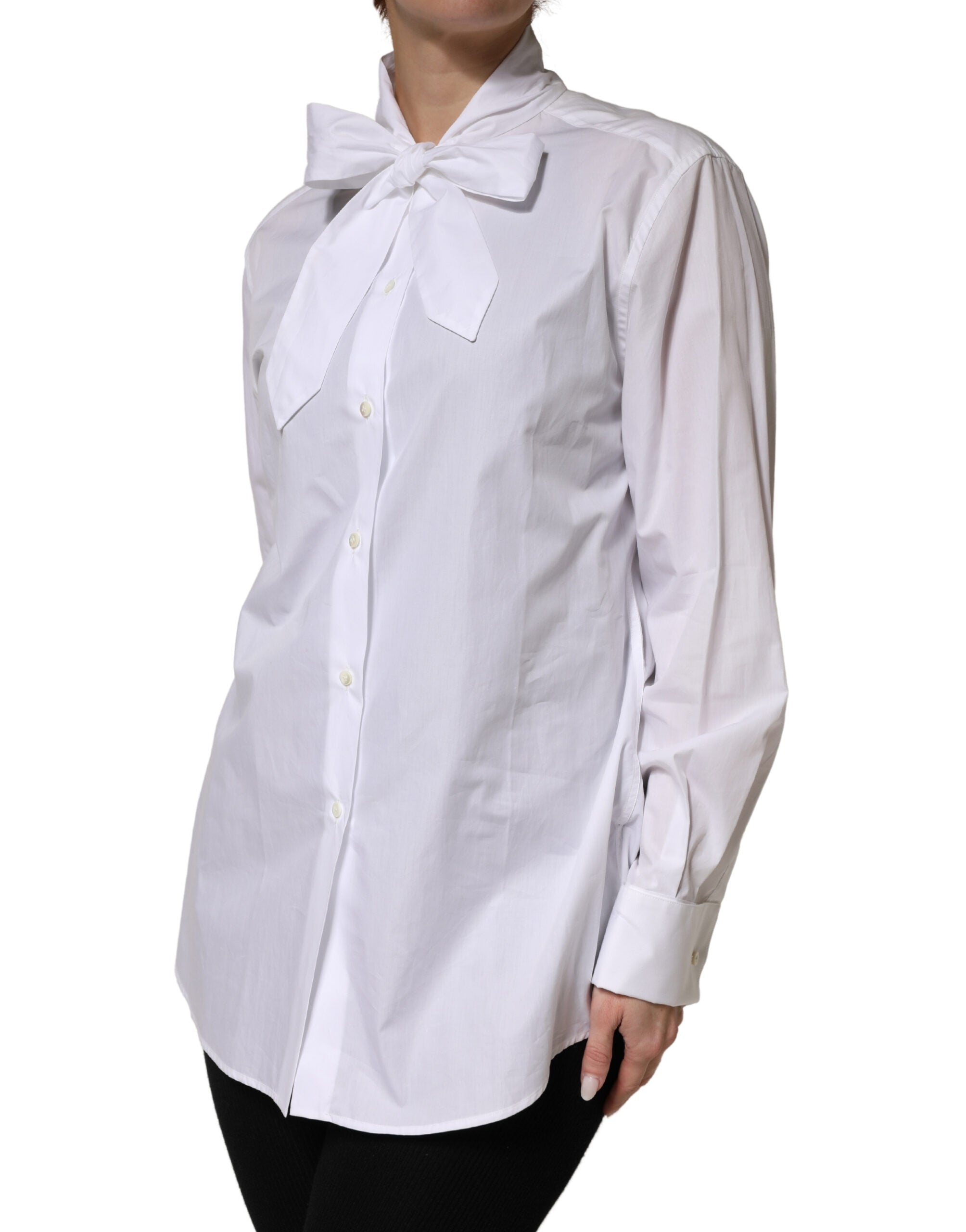White Cotton Bow Tie Long Sleeves Blouse Top - ventzia