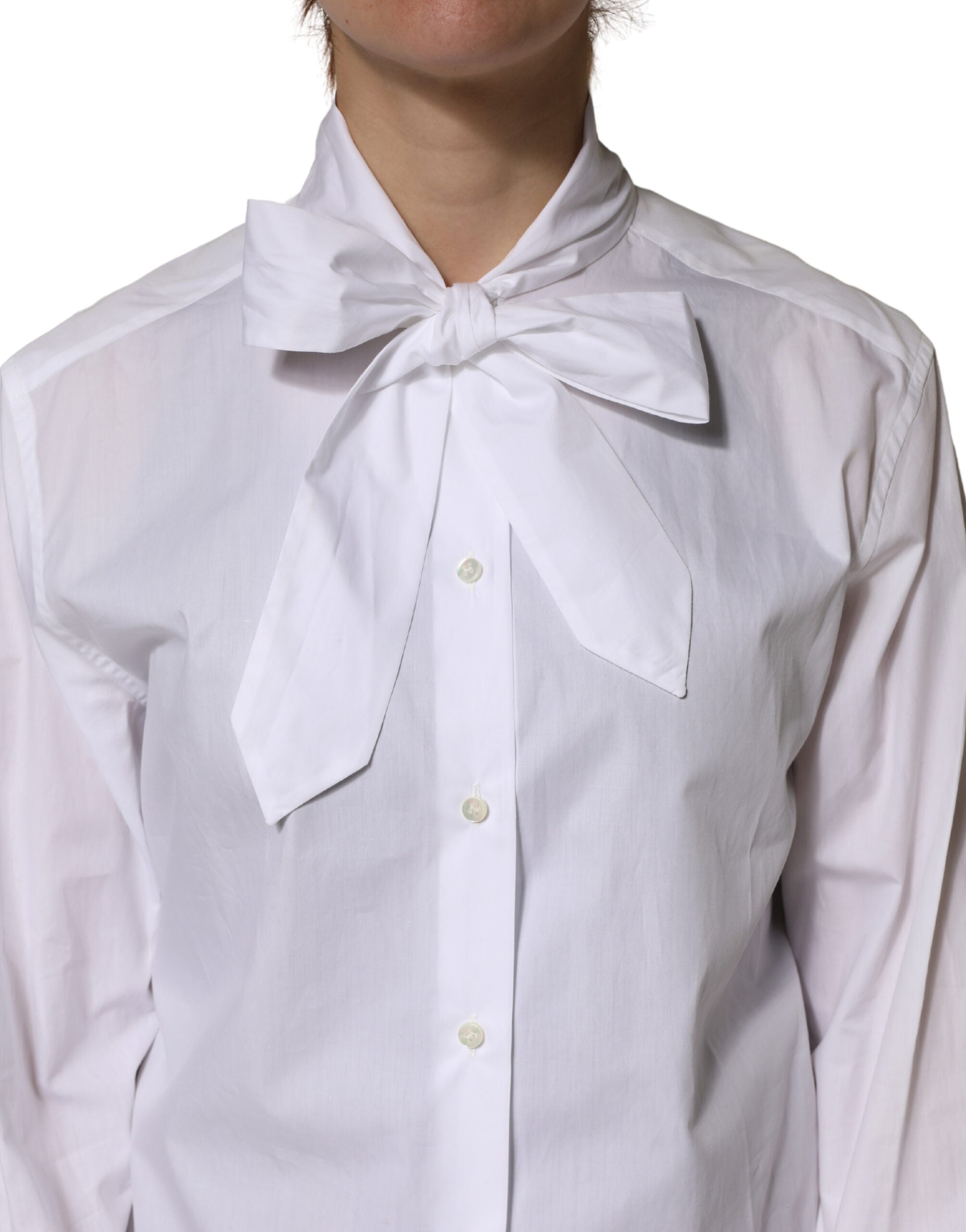 White Cotton Bow Tie Long Sleeves Blouse Top - ventzia