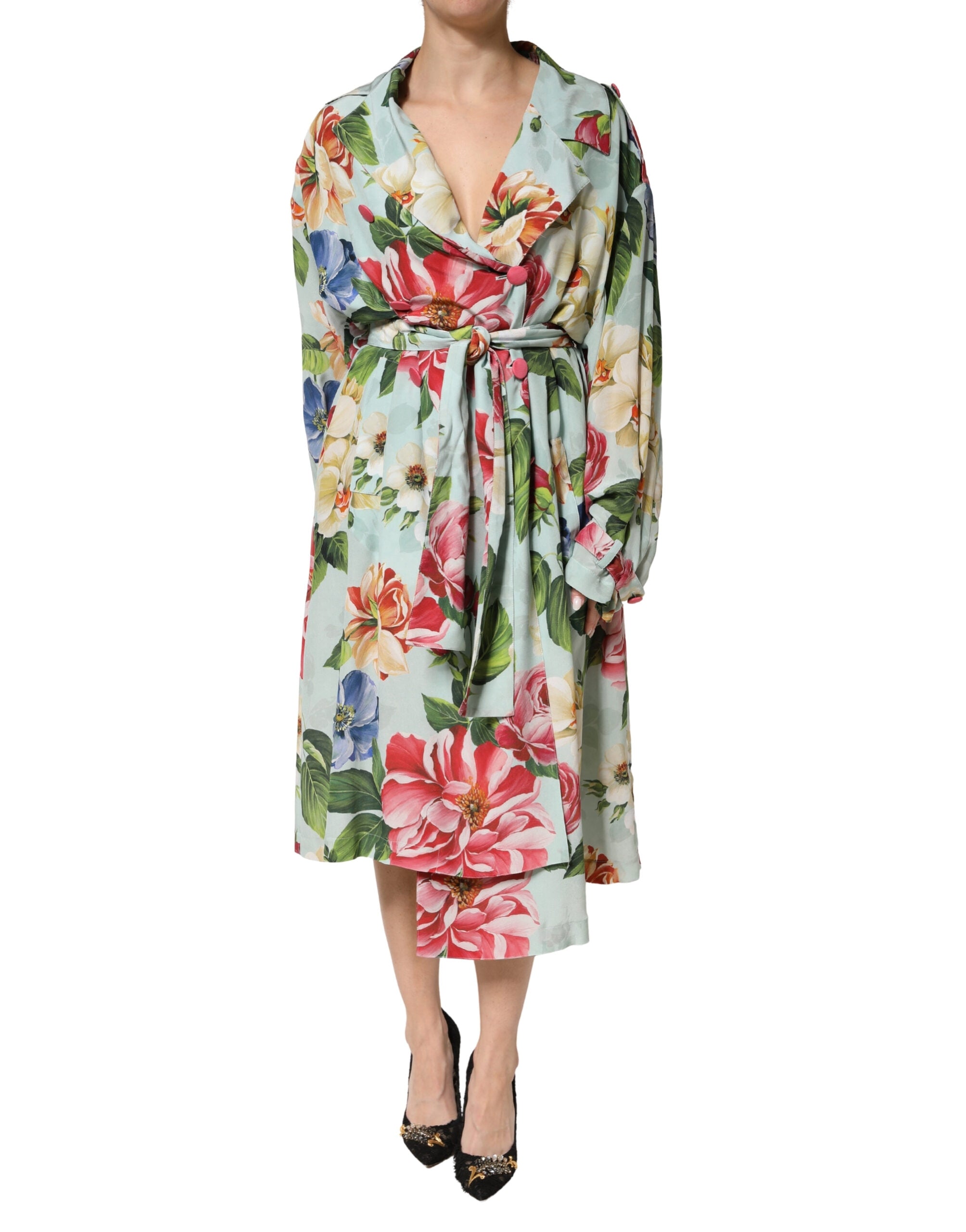 Green Floral Silk Wrap Midi Long Sleeve Dress - ventzia