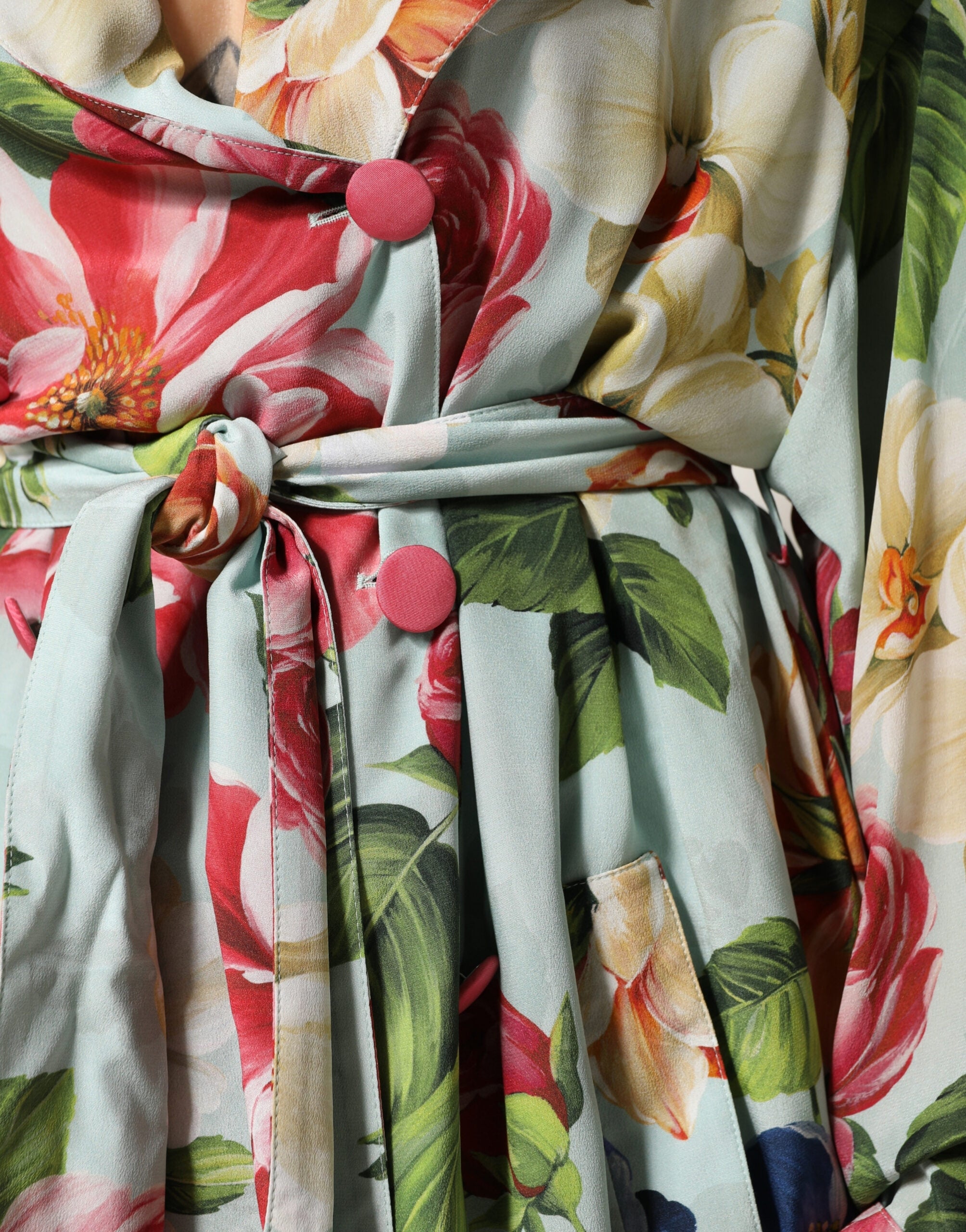 Green Floral Silk Wrap Midi Long Sleeve Dress - ventzia