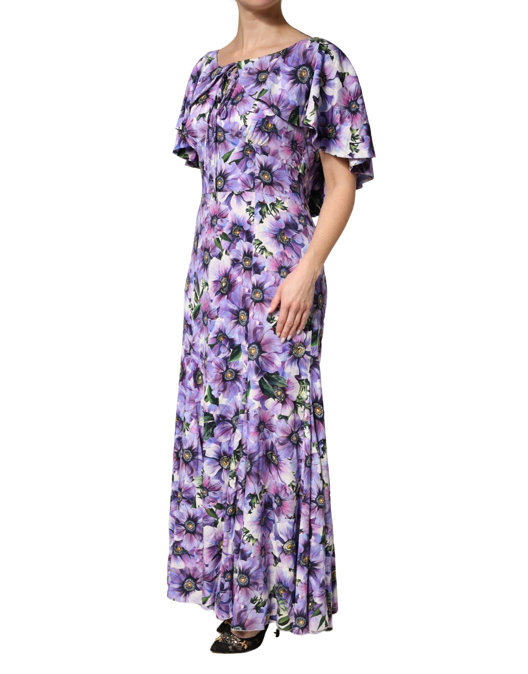 Purple Floral Silk Stretch Elegant Gown Dress - ventzia