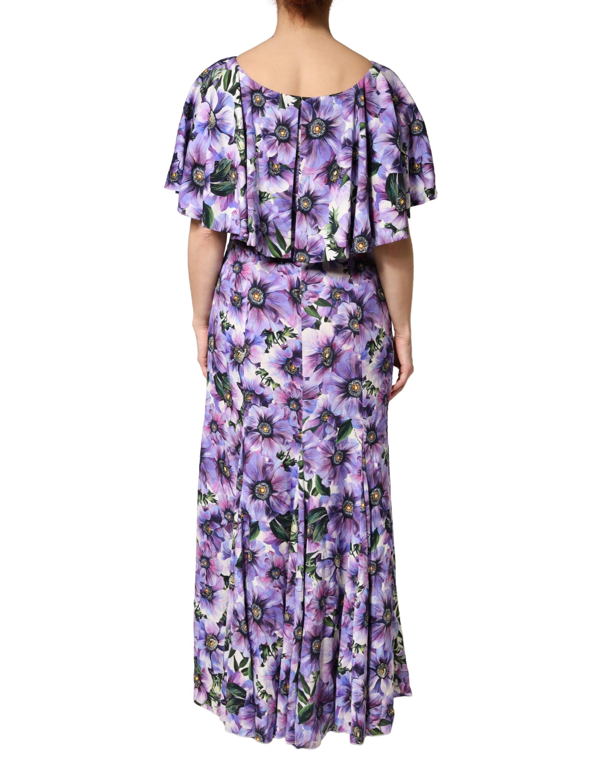 Purple Floral Silk Stretch Elegant Gown Dress - ventzia