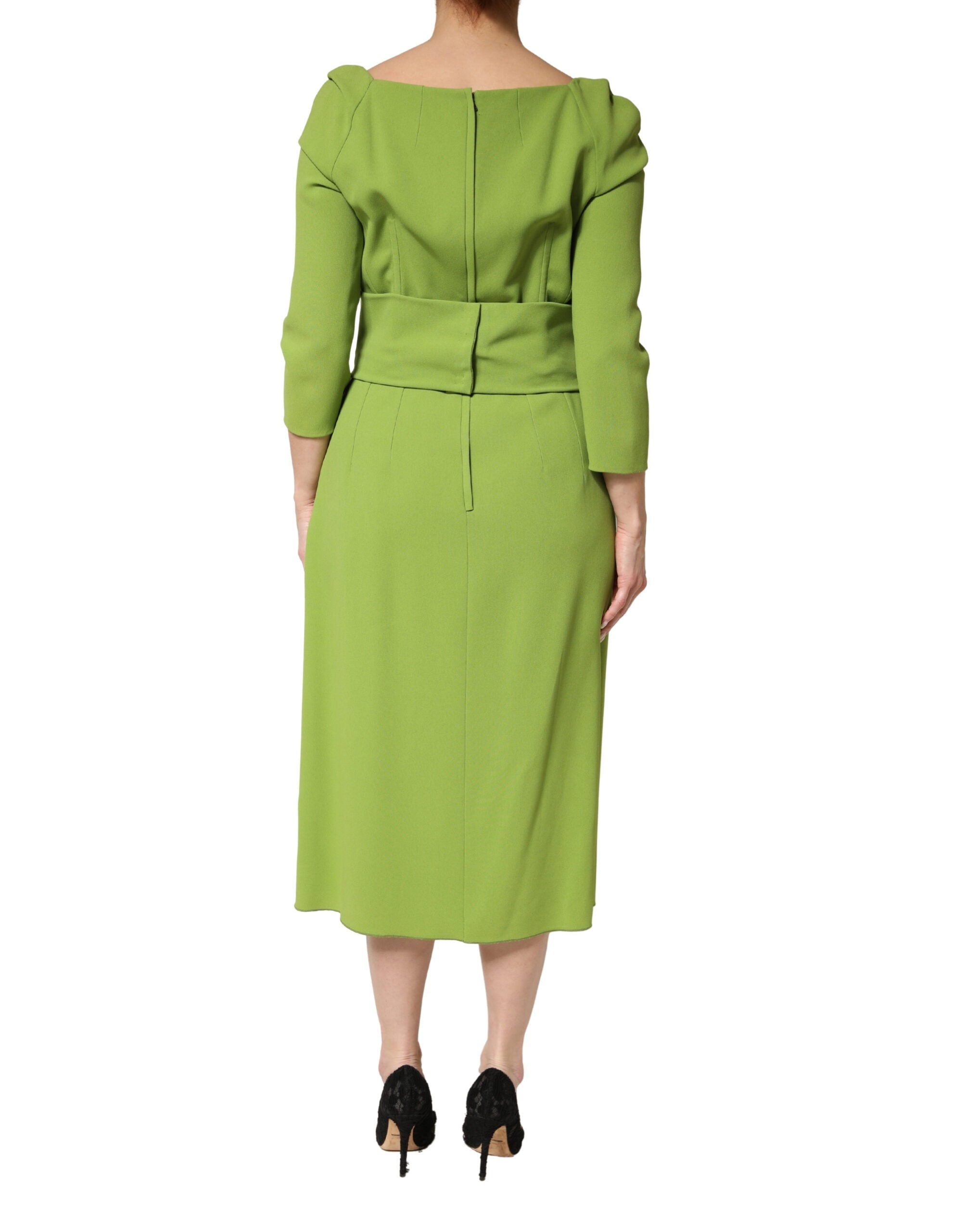 Green Silk Sweetheart Neckline Midi Dress - ventzia
