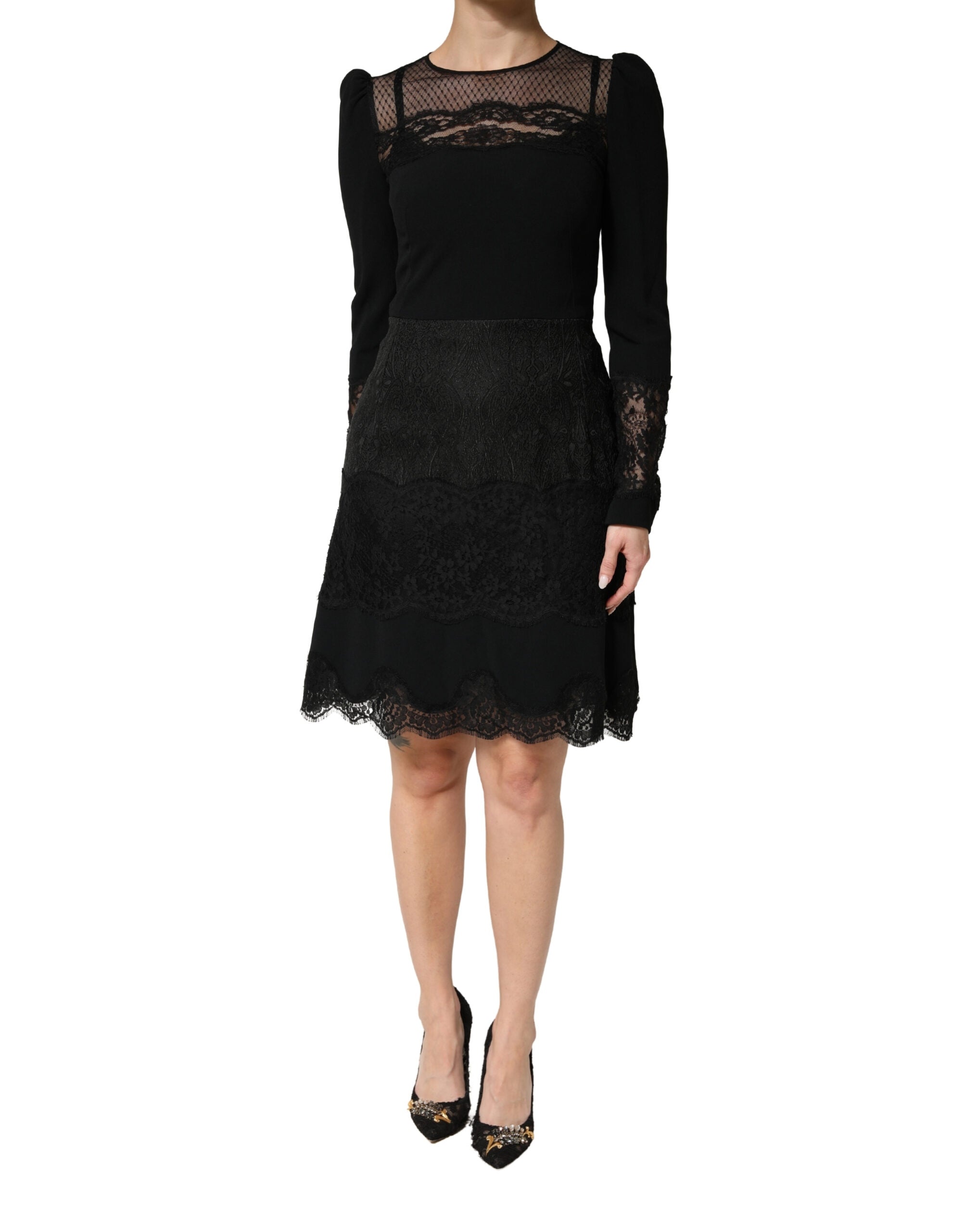 Black Lace Sheer Panel Midi Long Sleeve Dress - ventzia